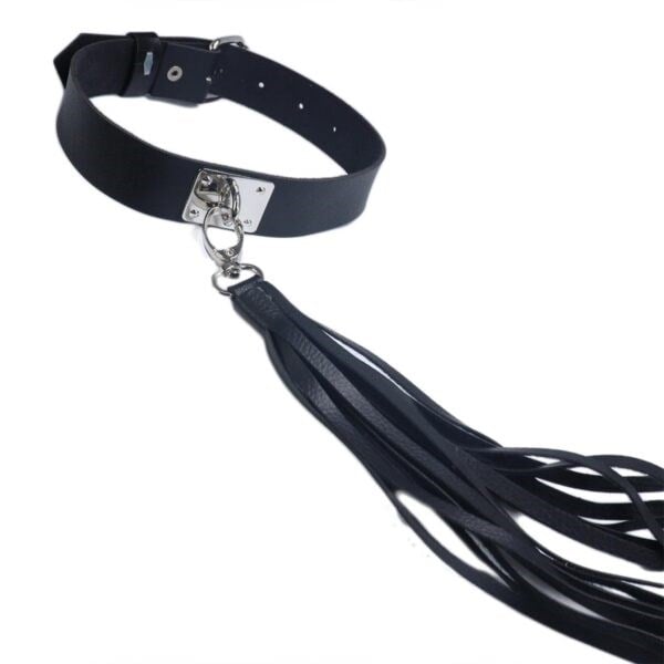 Siyah Deri Choker Harness – Fırfır Detaylı BDSM Boyun Kolyesi