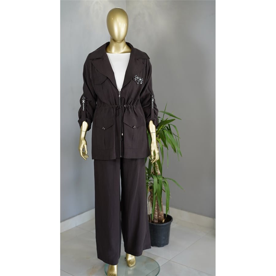 Kahverengi Fermuarlı Taşlı Takım