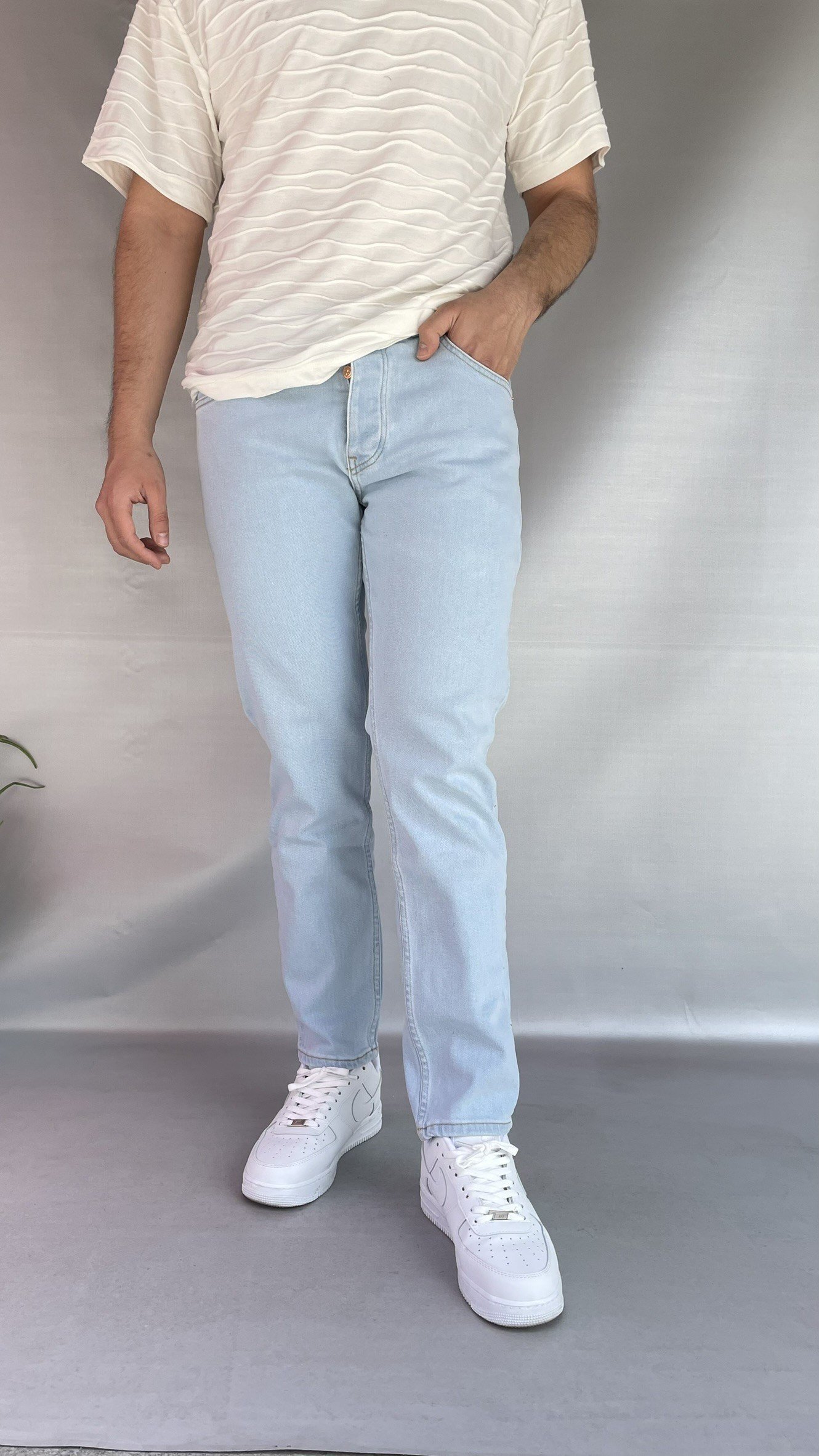 Buz Mavi Düz Slim Fit Jean