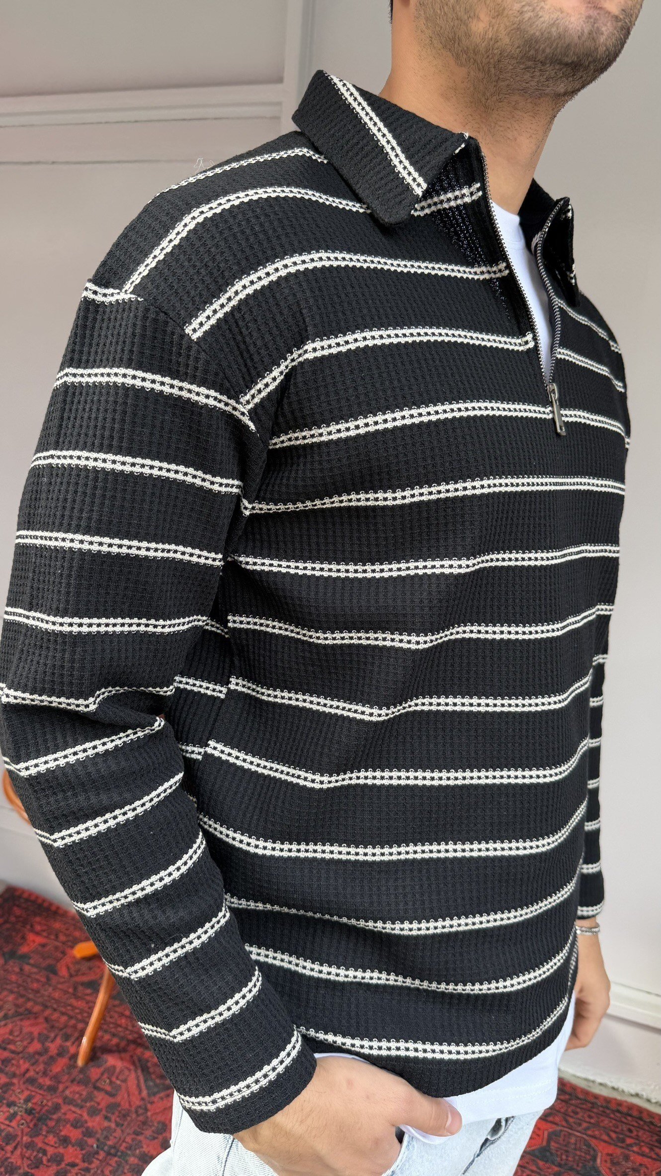 Çizgili Polo Fermuarlı Yaka Triko