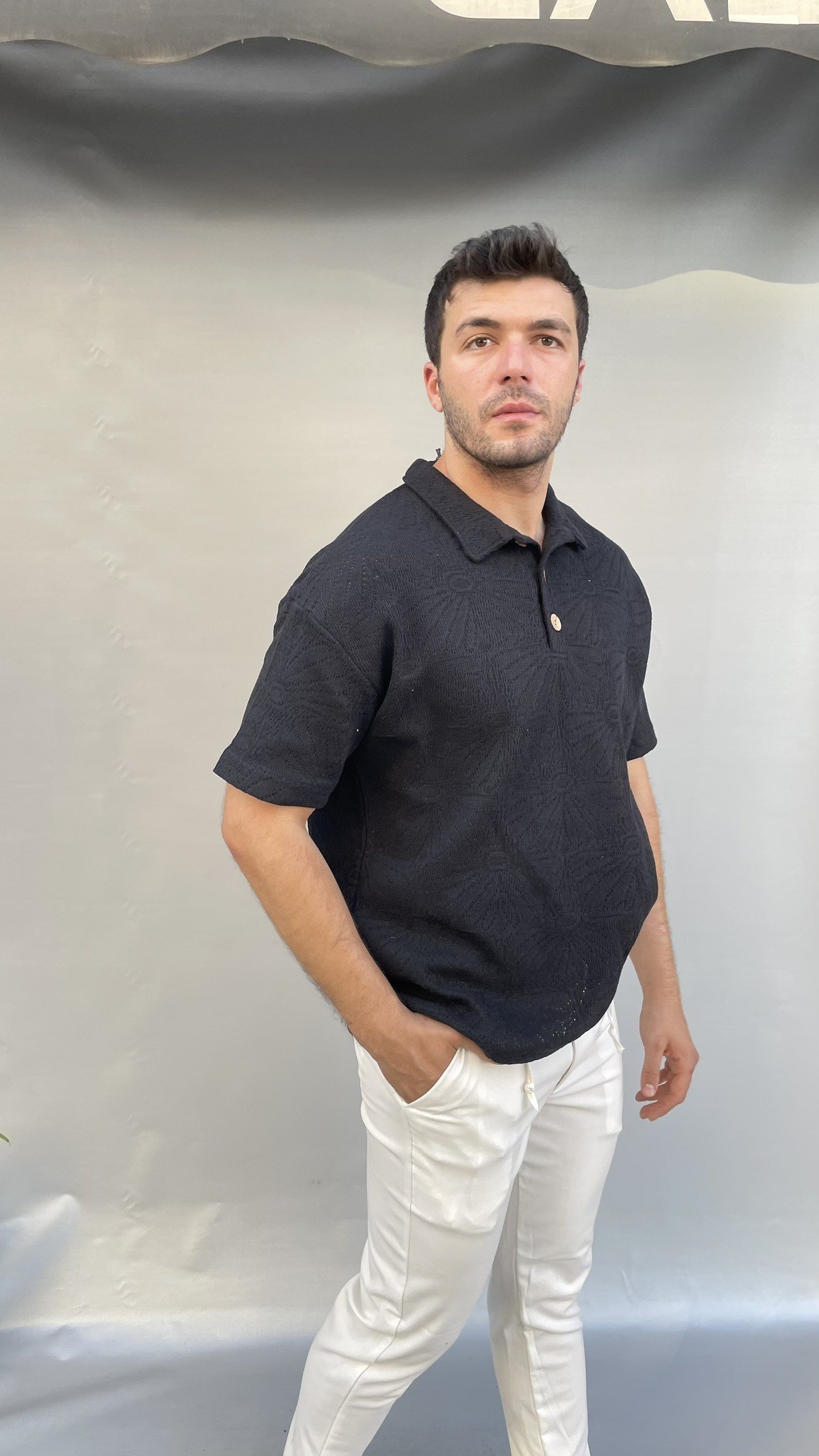 Desenli Triko Oversize Polo Yaka T-shirt