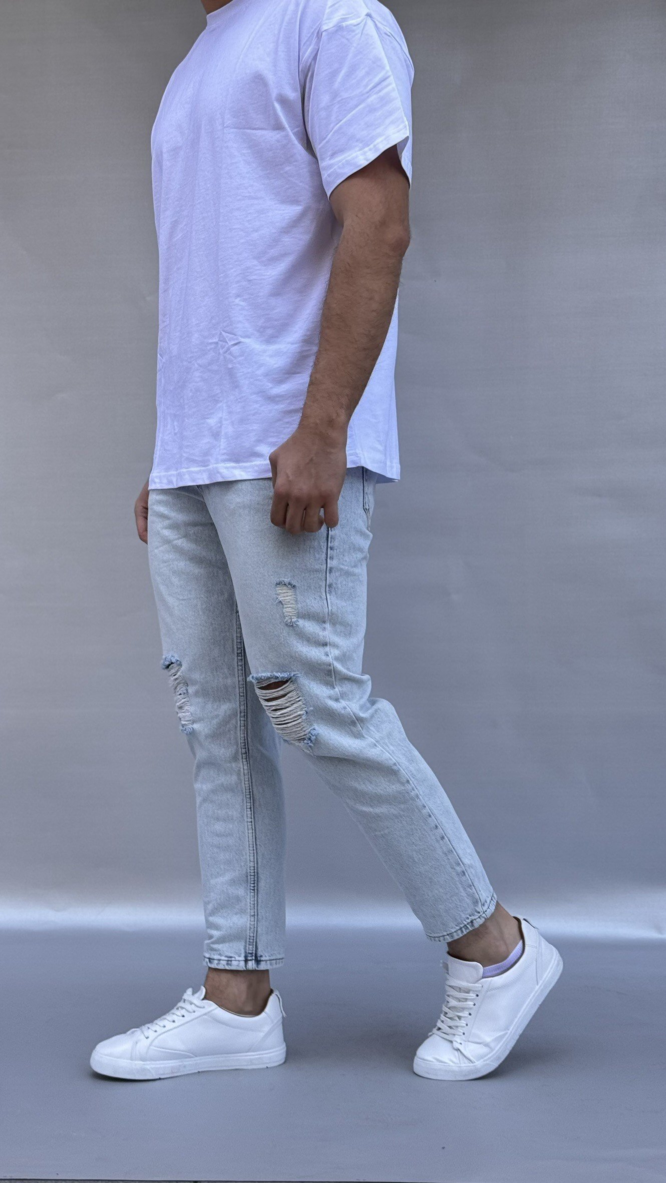 Diz Yırtık Detay Buz Mavi Boyfriend Pantolon