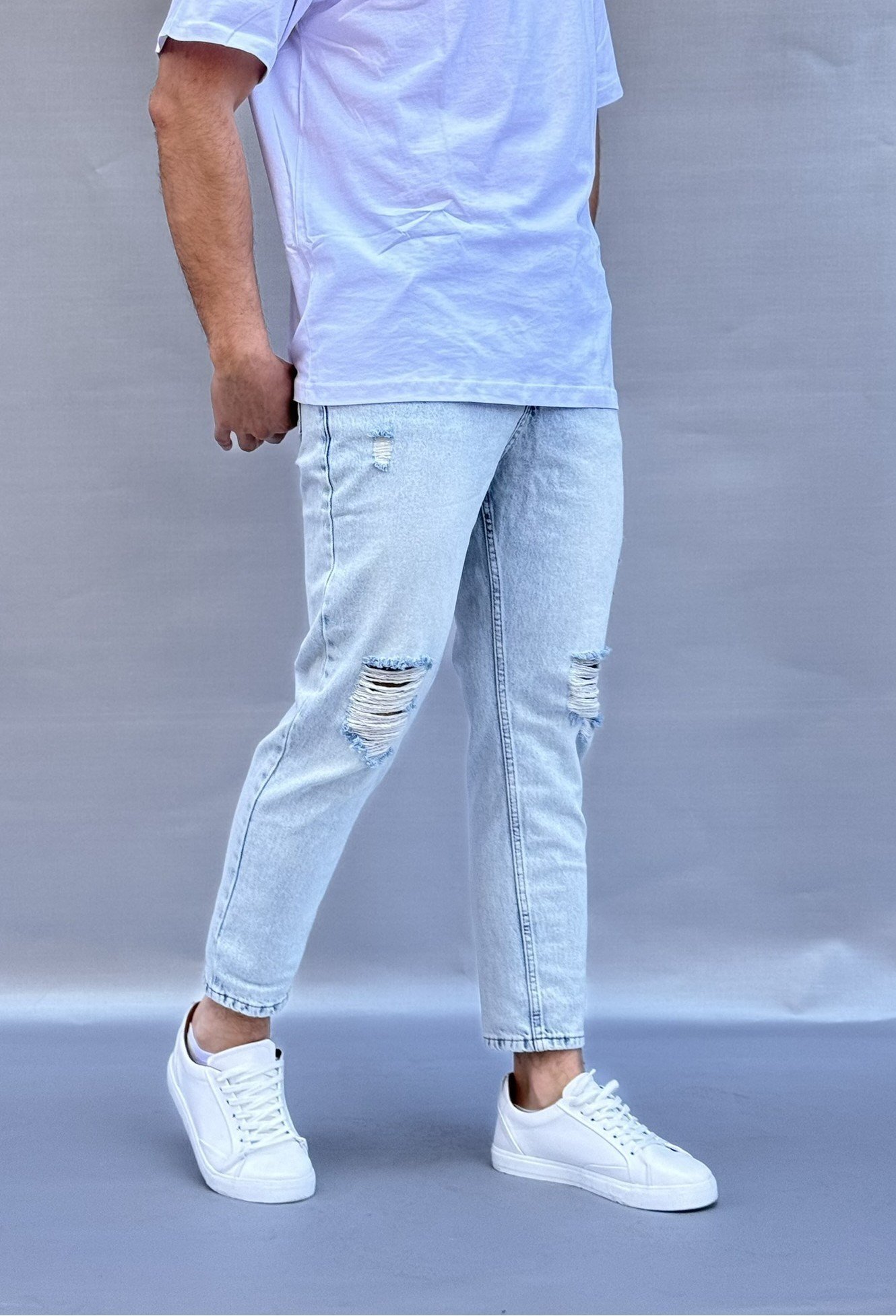 Diz Yırtık Detay Buz Mavi Boyfriend Pantolon