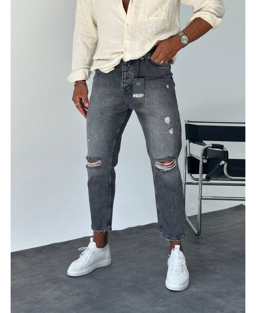 Diz Yırtık Detay Gri Boyfriend Jean