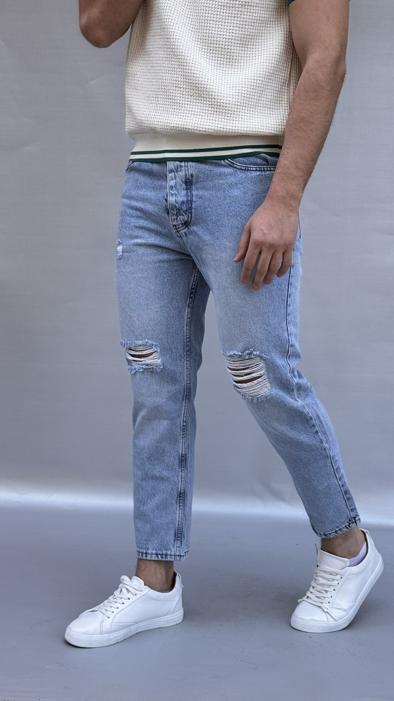 Diz Yırtık Detay Mavi Boyfriend Pantolon