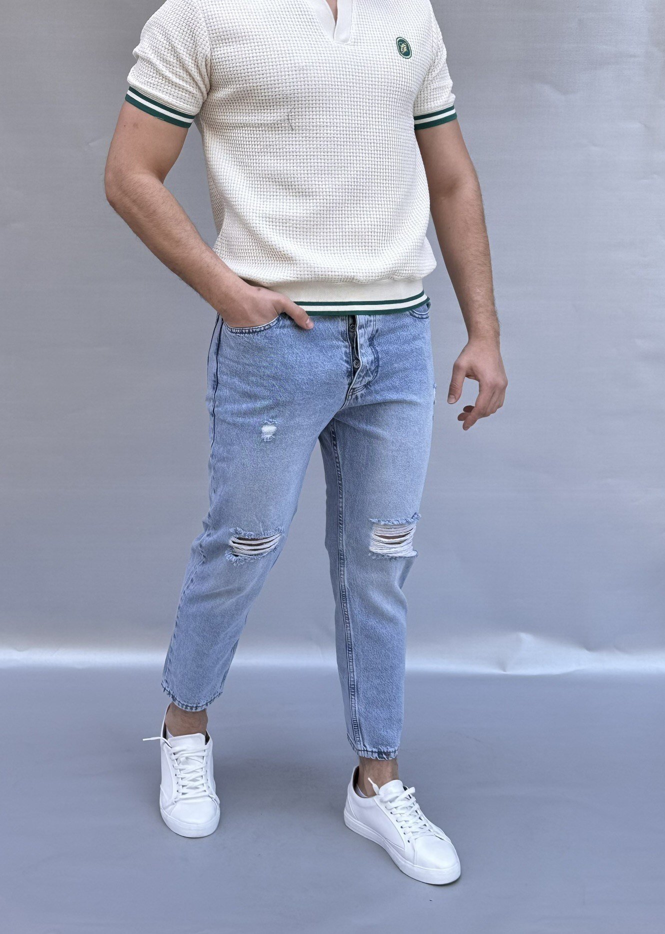 Diz Yırtık Detay Mavi Boyfriend Pantolon