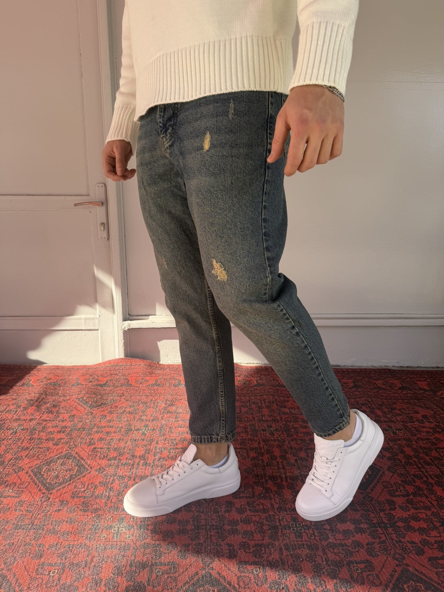 Keps Koyu Yeşil Yıkamalı Yırtık Detay Boyfriend Jean