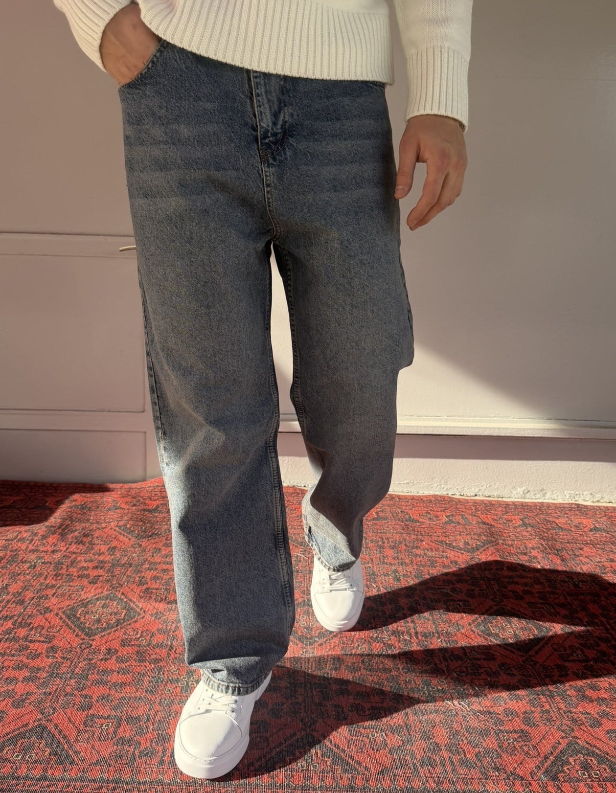 Keps Parmak Yıkamalı Mavi-Yeşil Relax Baggy Jean