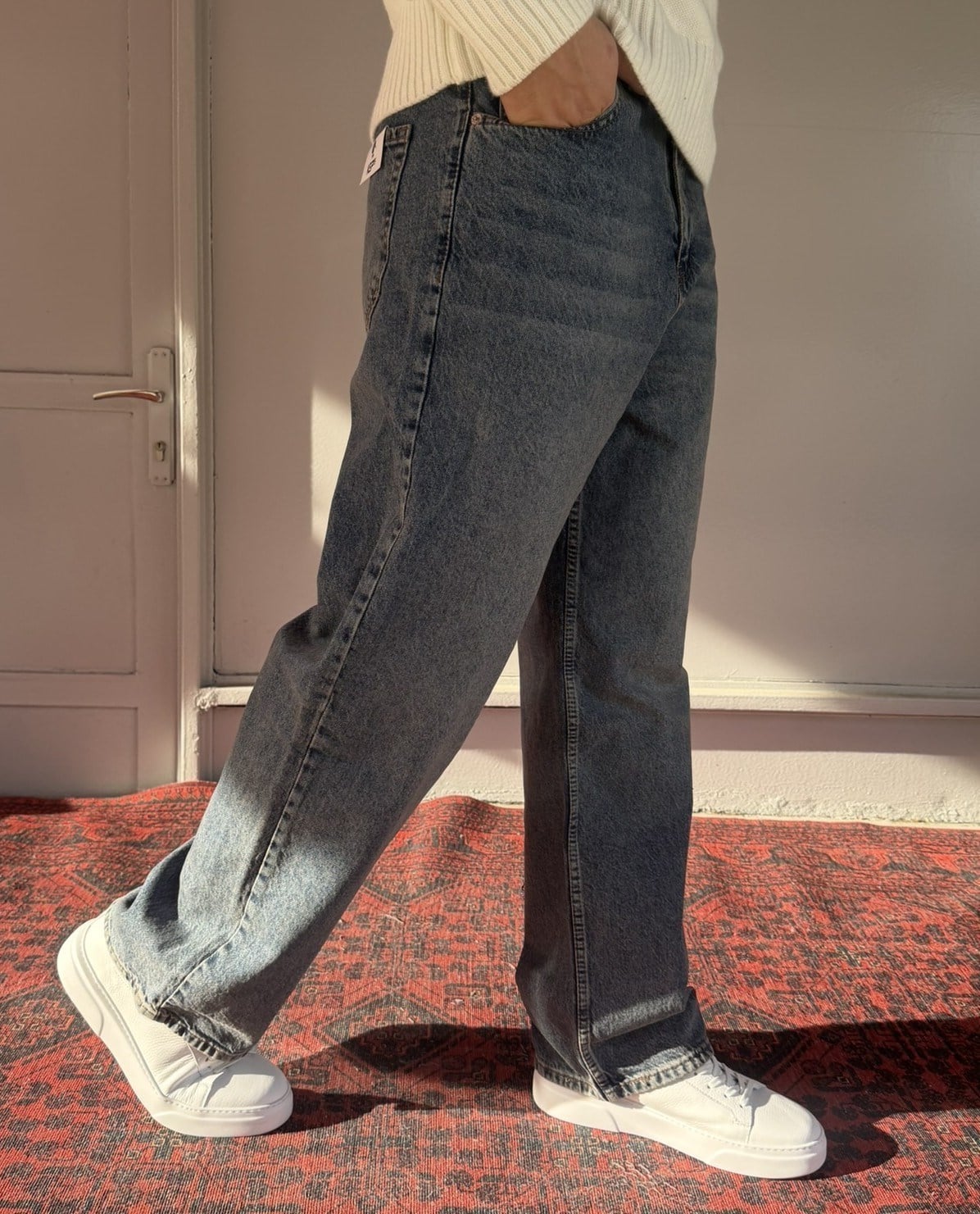 Keps Parmak Yıkamalı Mavi-Yeşil Relax Baggy Jean