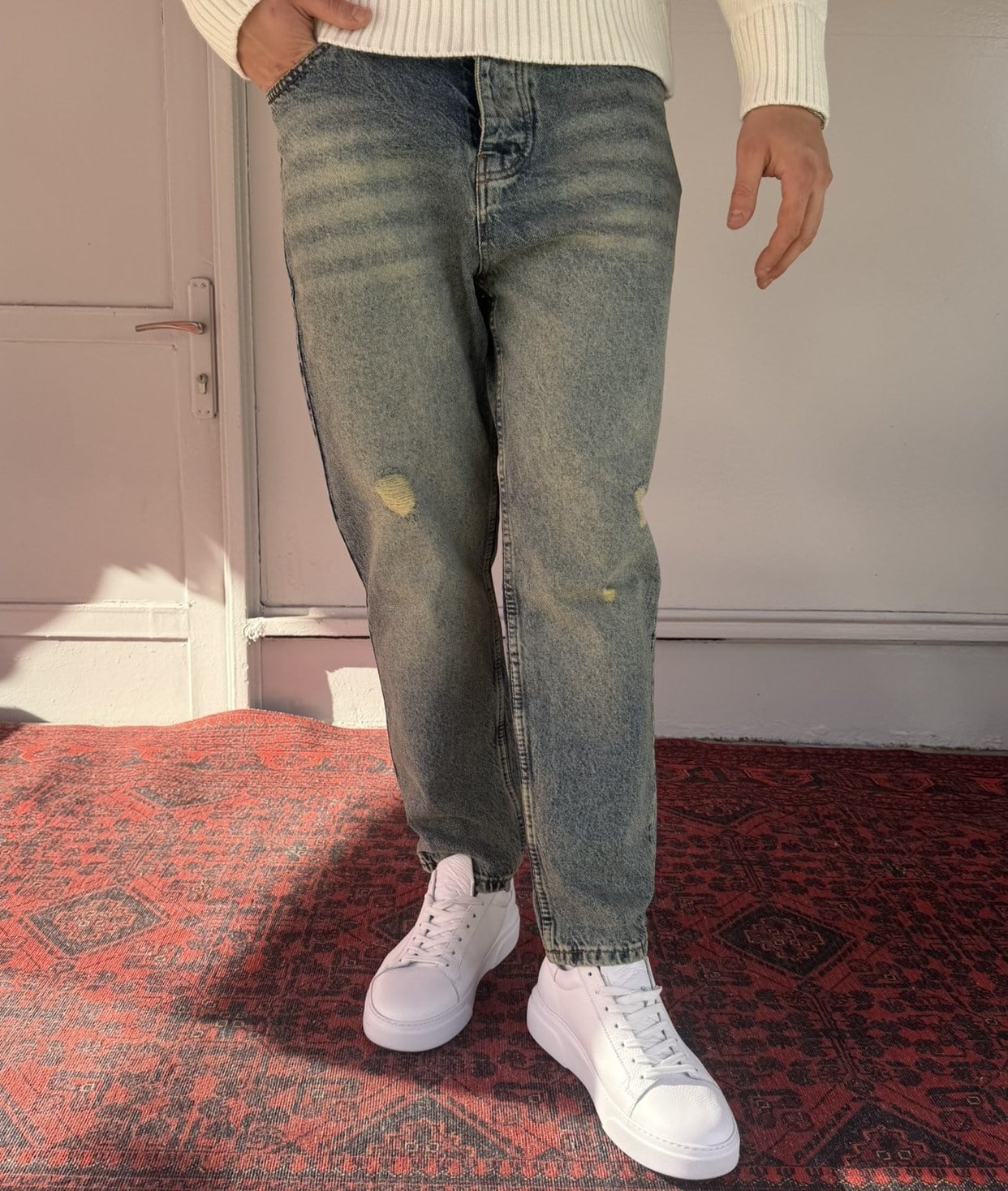 Keps Yeşil Yıkama Yırtık Detaylı Boyfriend Jean