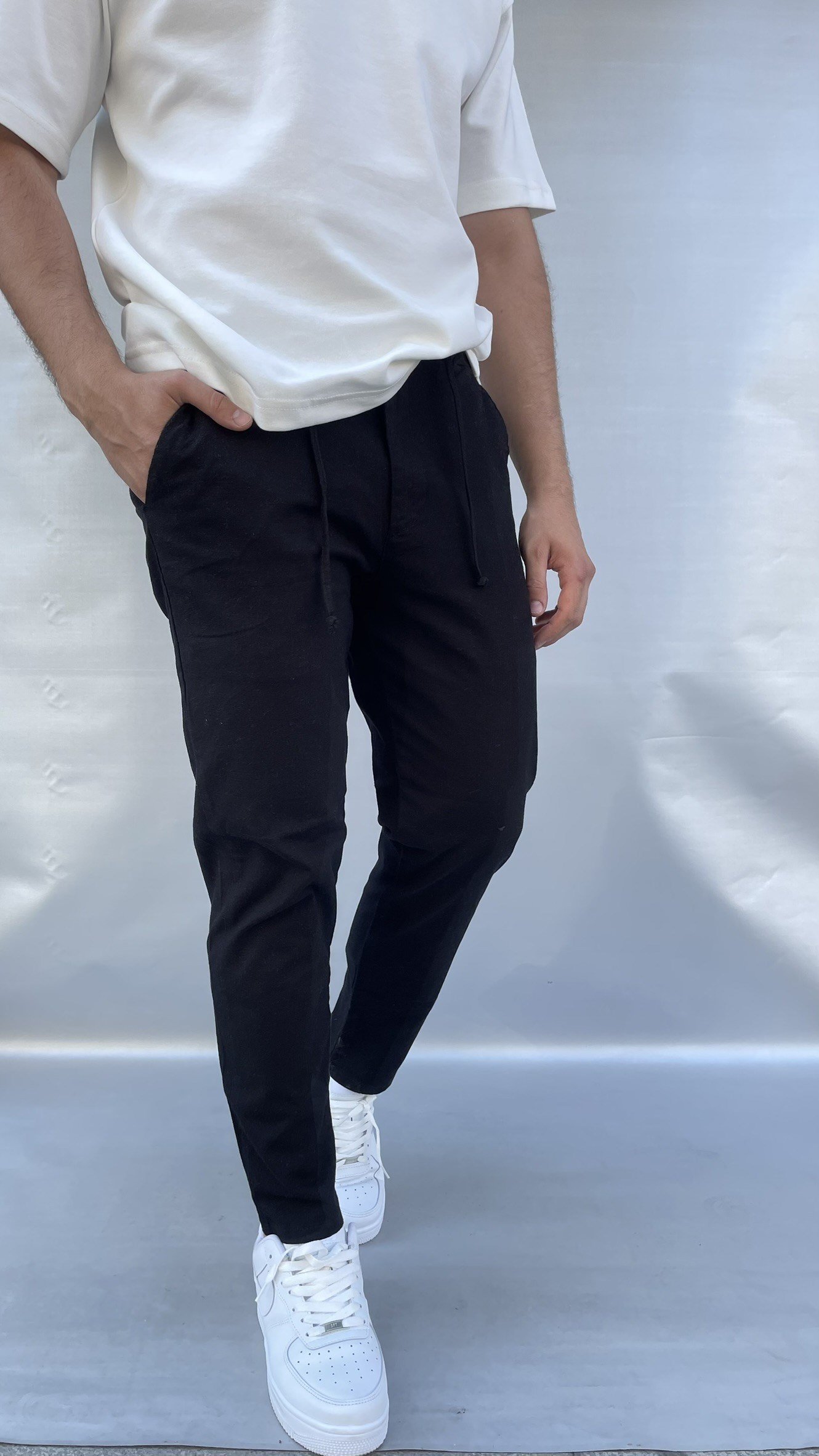 Keten Slim Fit Bel İpli Pantolon