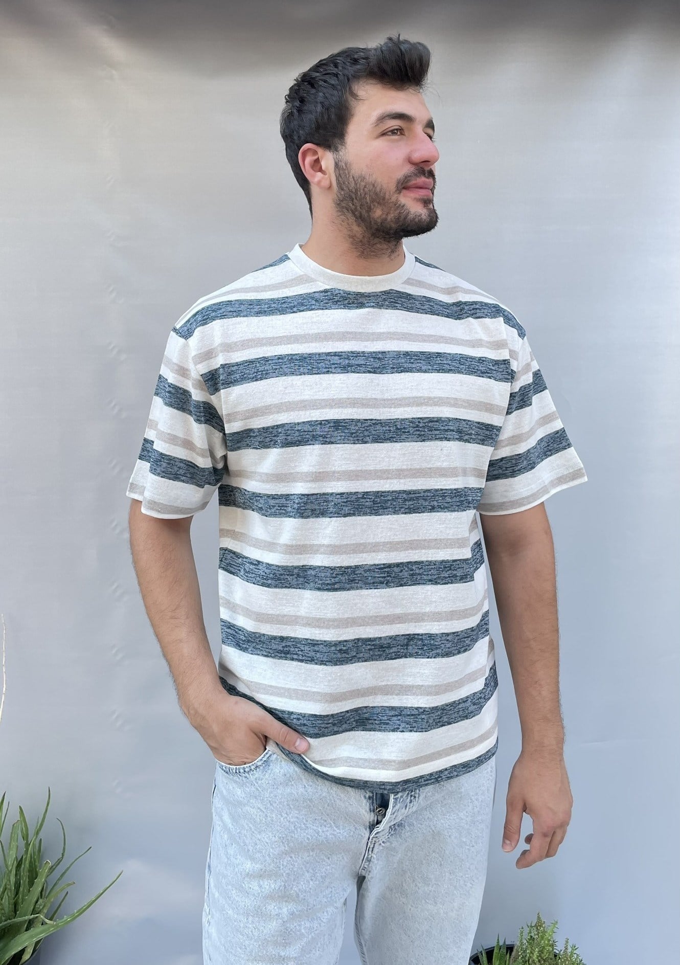 Renkli Çizgili Oversize İnce Triko T-shirt