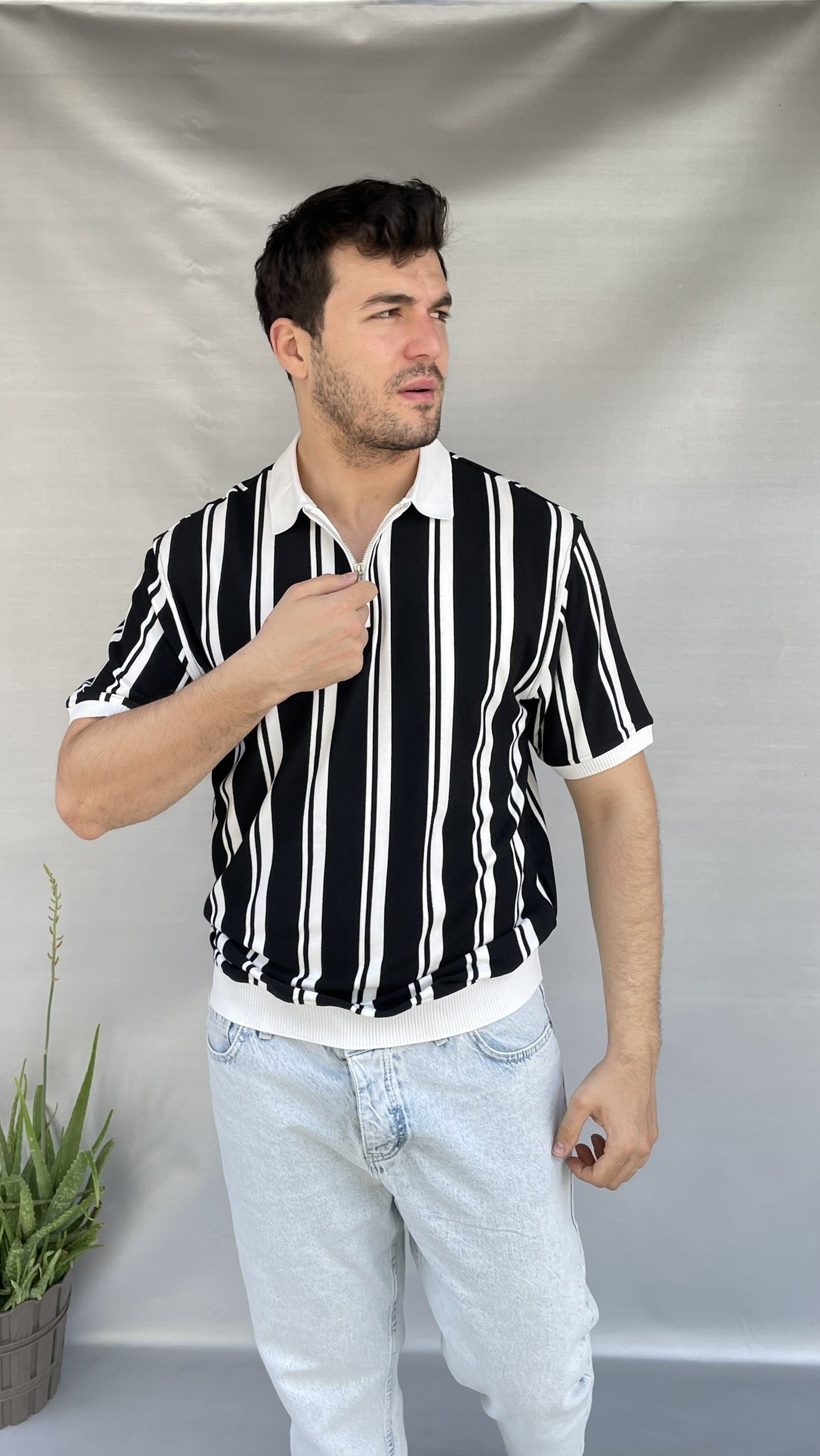 Yaka Fermuar Çizgili