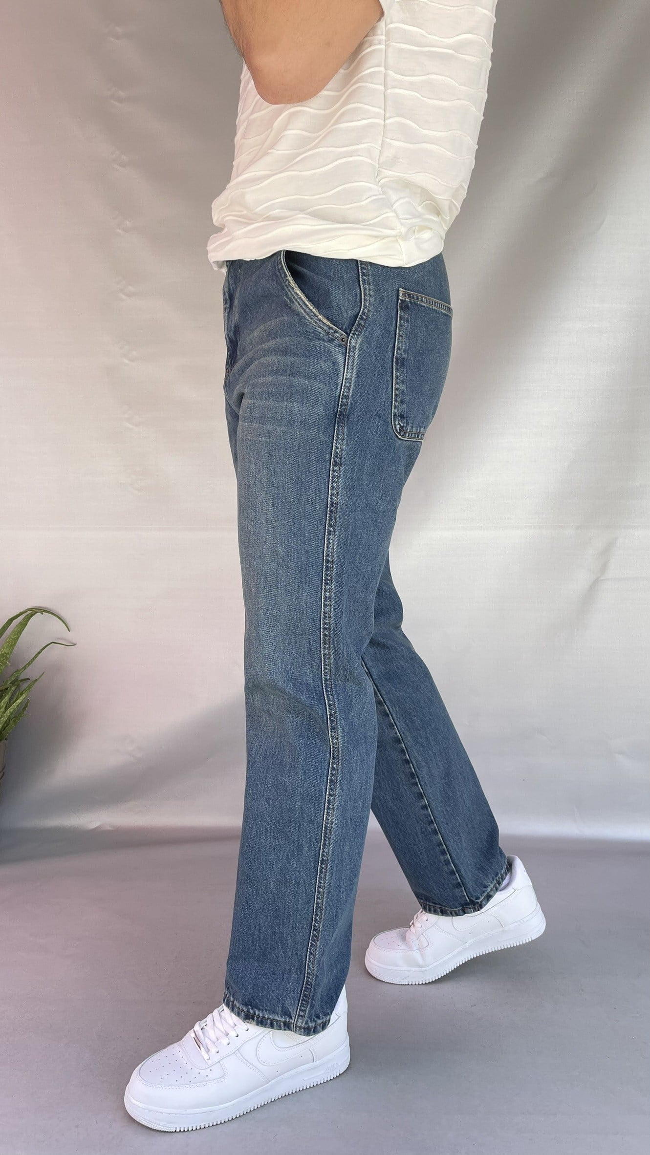 Yan Cepli Düz Baggy Jean