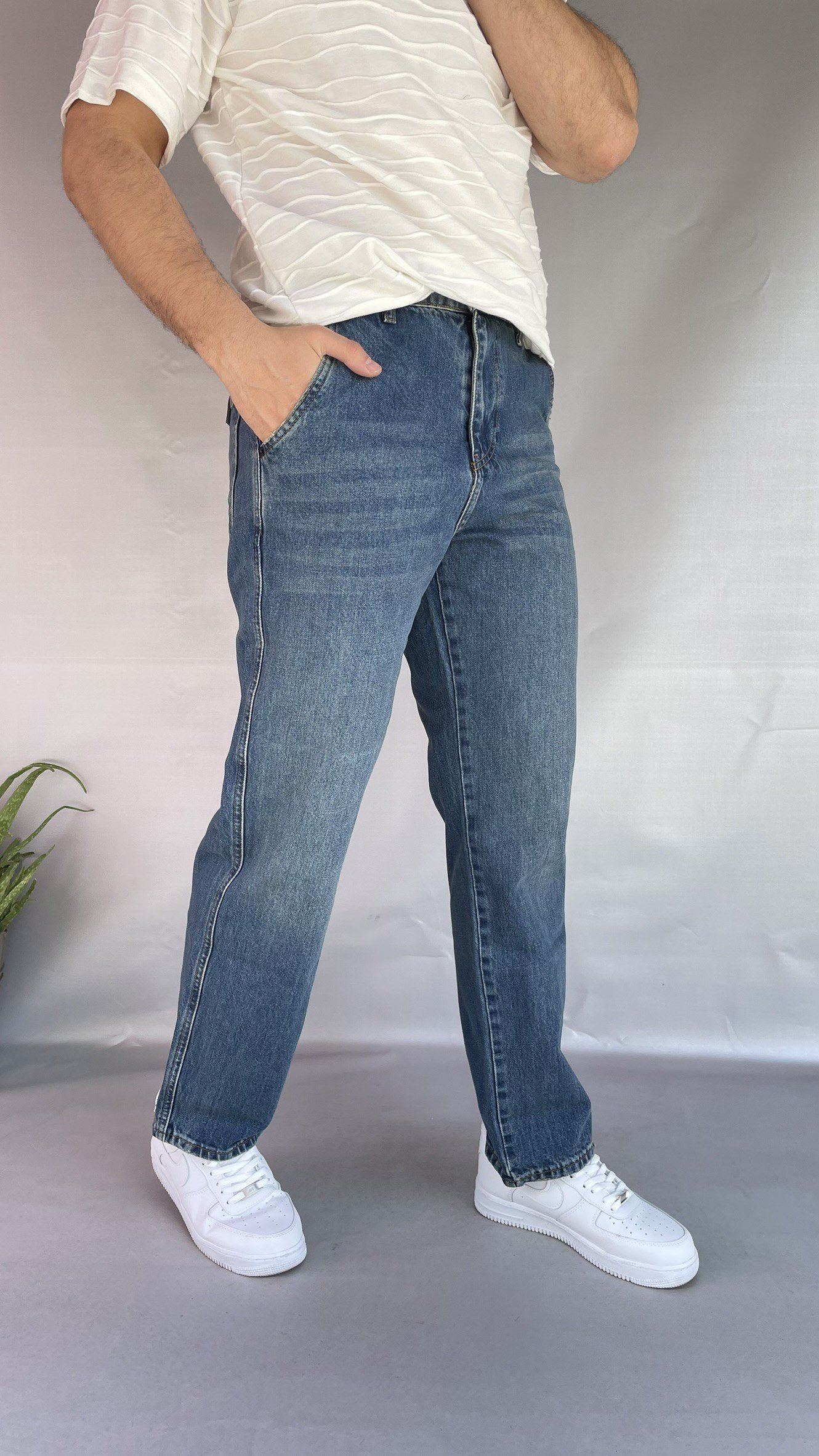 Yan Cepli Düz Baggy Jean
