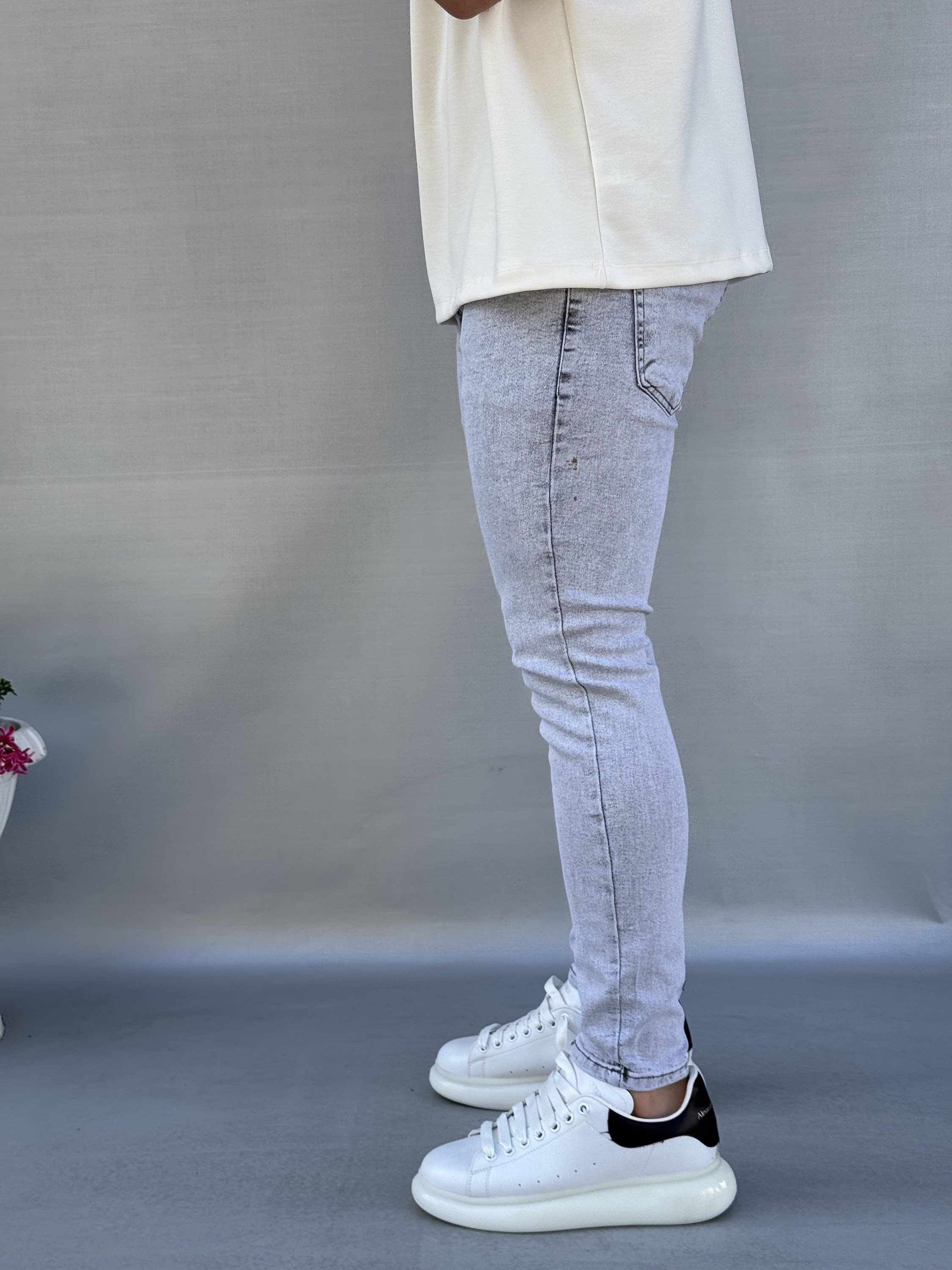 Yıkamalı Açık Gri Skinny Jean