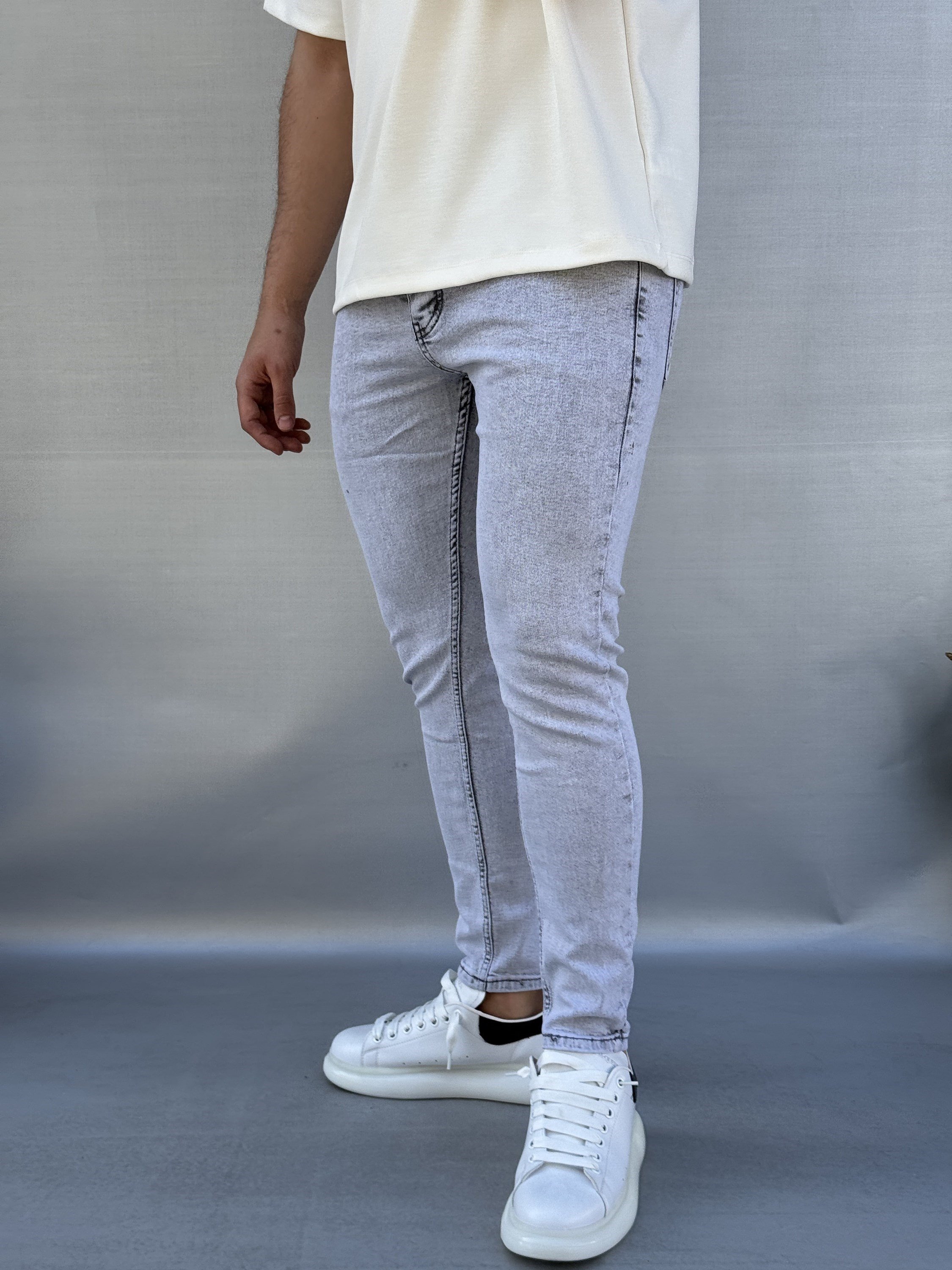 Yıkamalı Açık Gri Skinny Jean