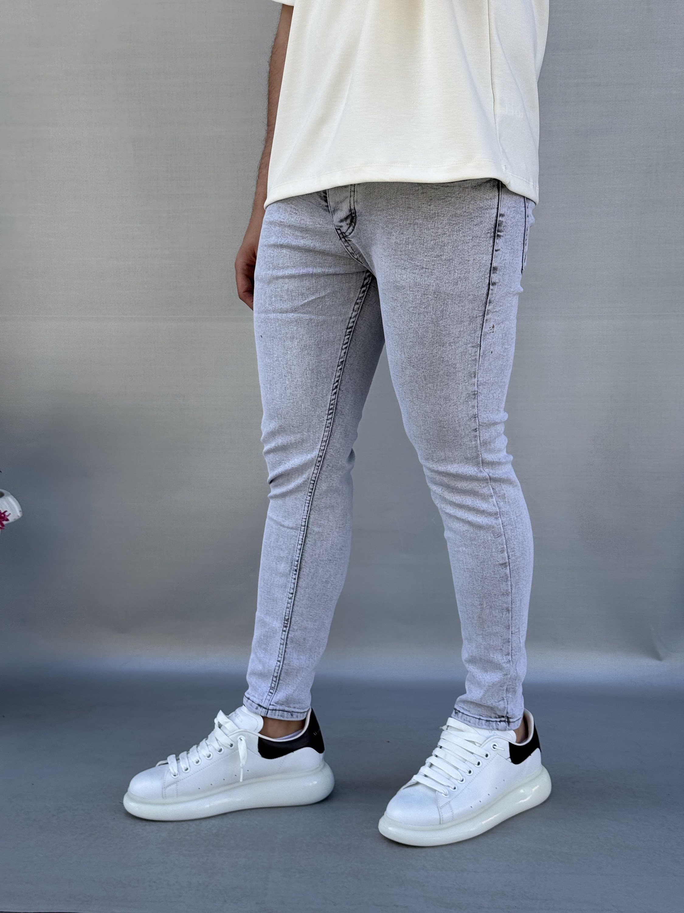 Yıkamalı Açık Gri Skinny Jean