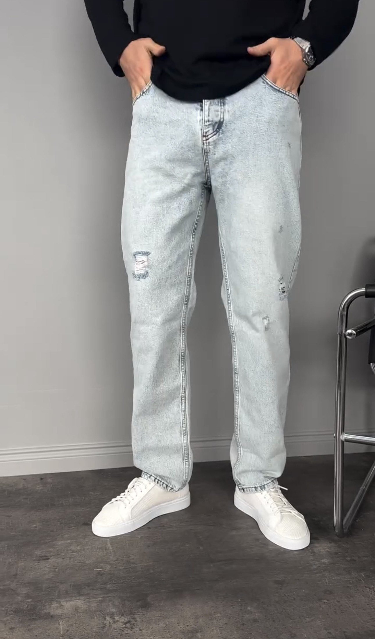 Yırtık Detay Buz Mavi Baggy Pantolon