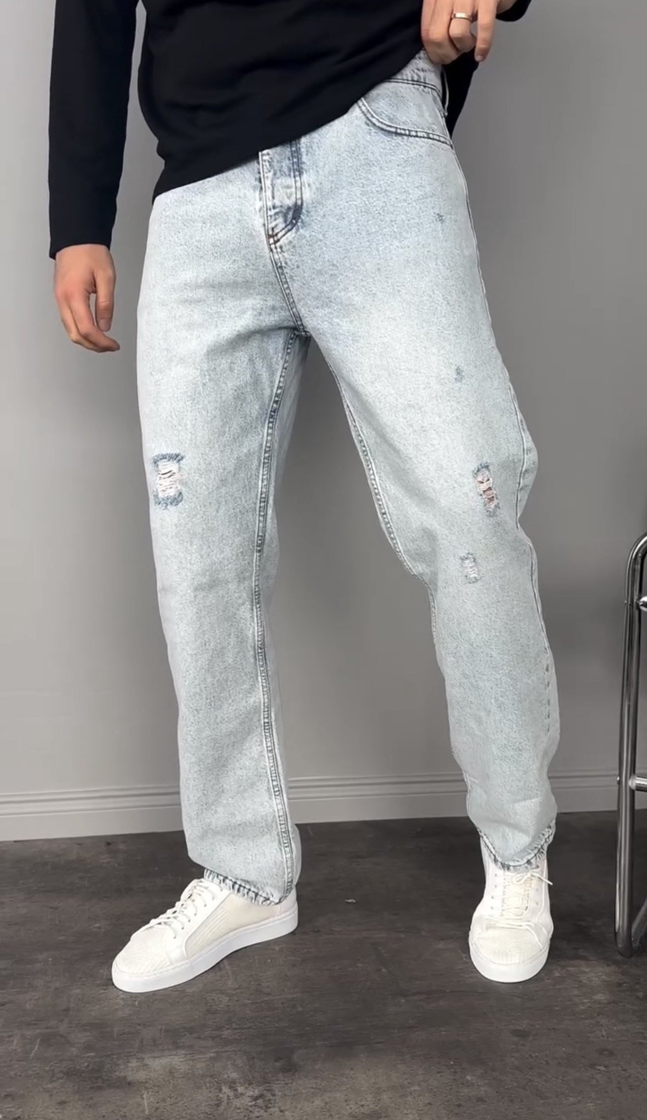 Yırtık Detay Buz Mavi Baggy Pantolon