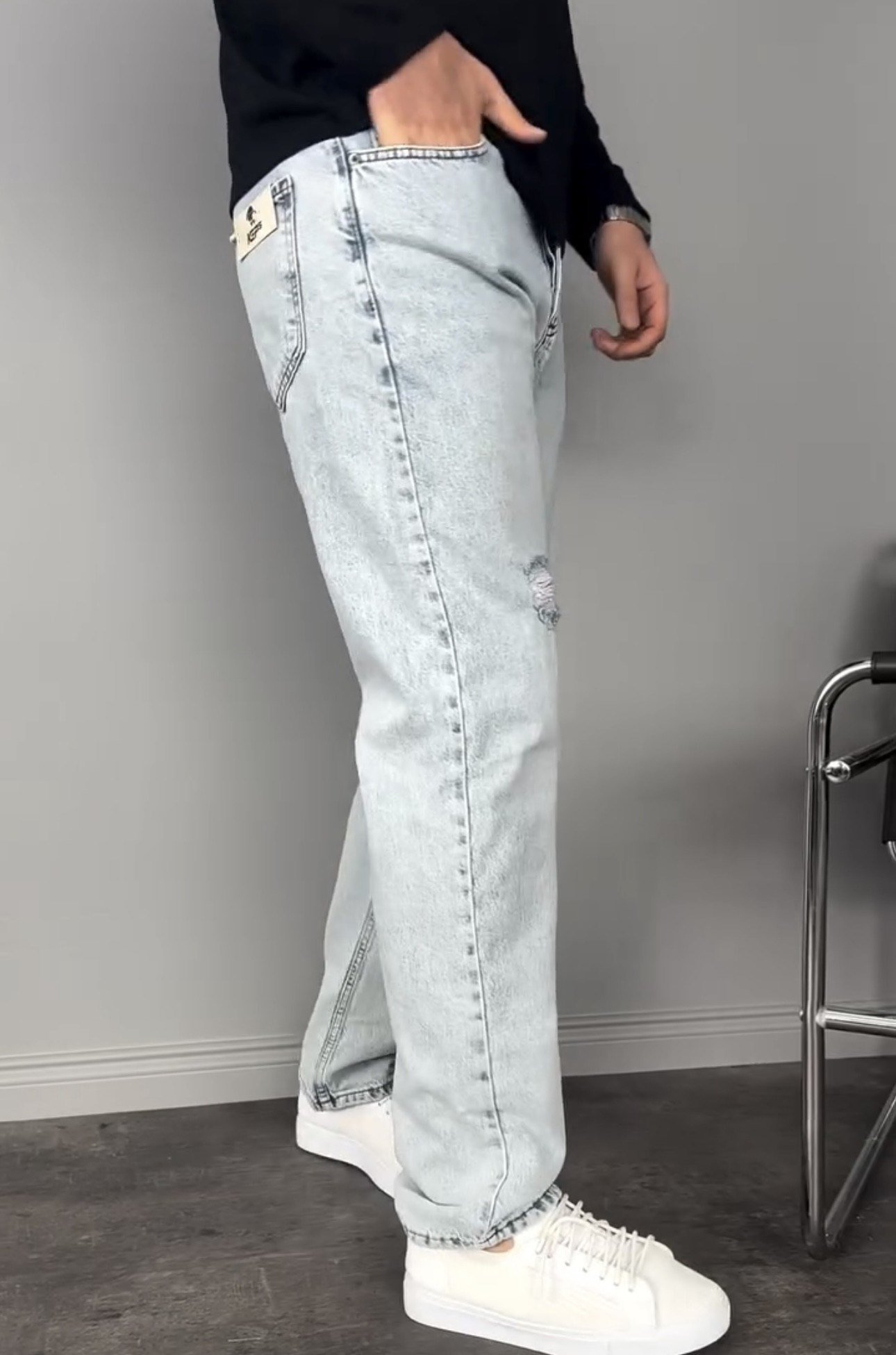 Yırtık Detay Buz Mavi Baggy Pantolon