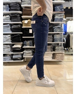 Yırtık Detay Koyu Mavi Skinny Jean 137CslKe