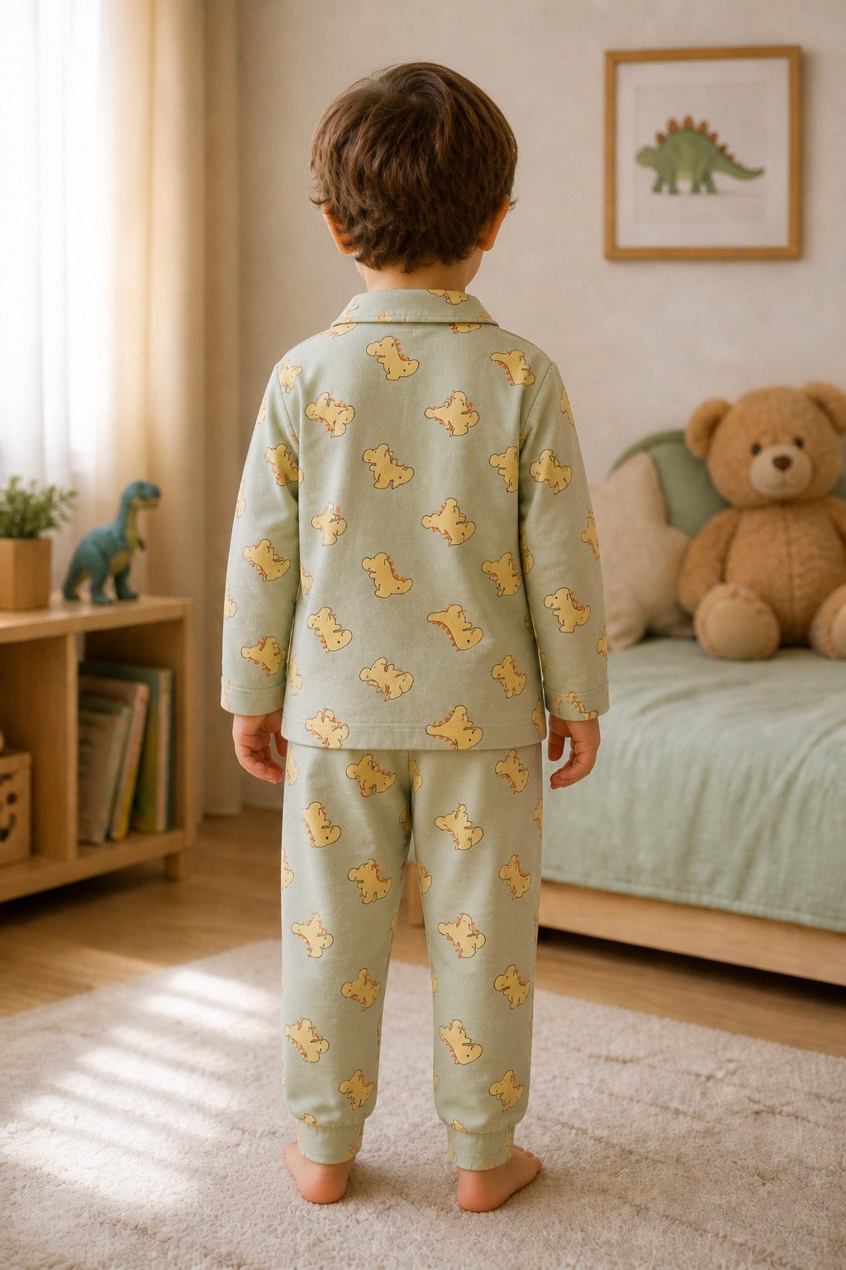  Erkek çocuk dinazor basklı gömlek yaka düğmeli pijama takımı