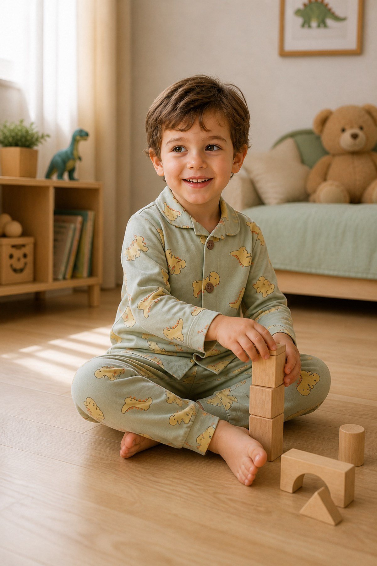  Erkek çocuk dinazor basklı gömlek yaka düğmeli pijama takımı