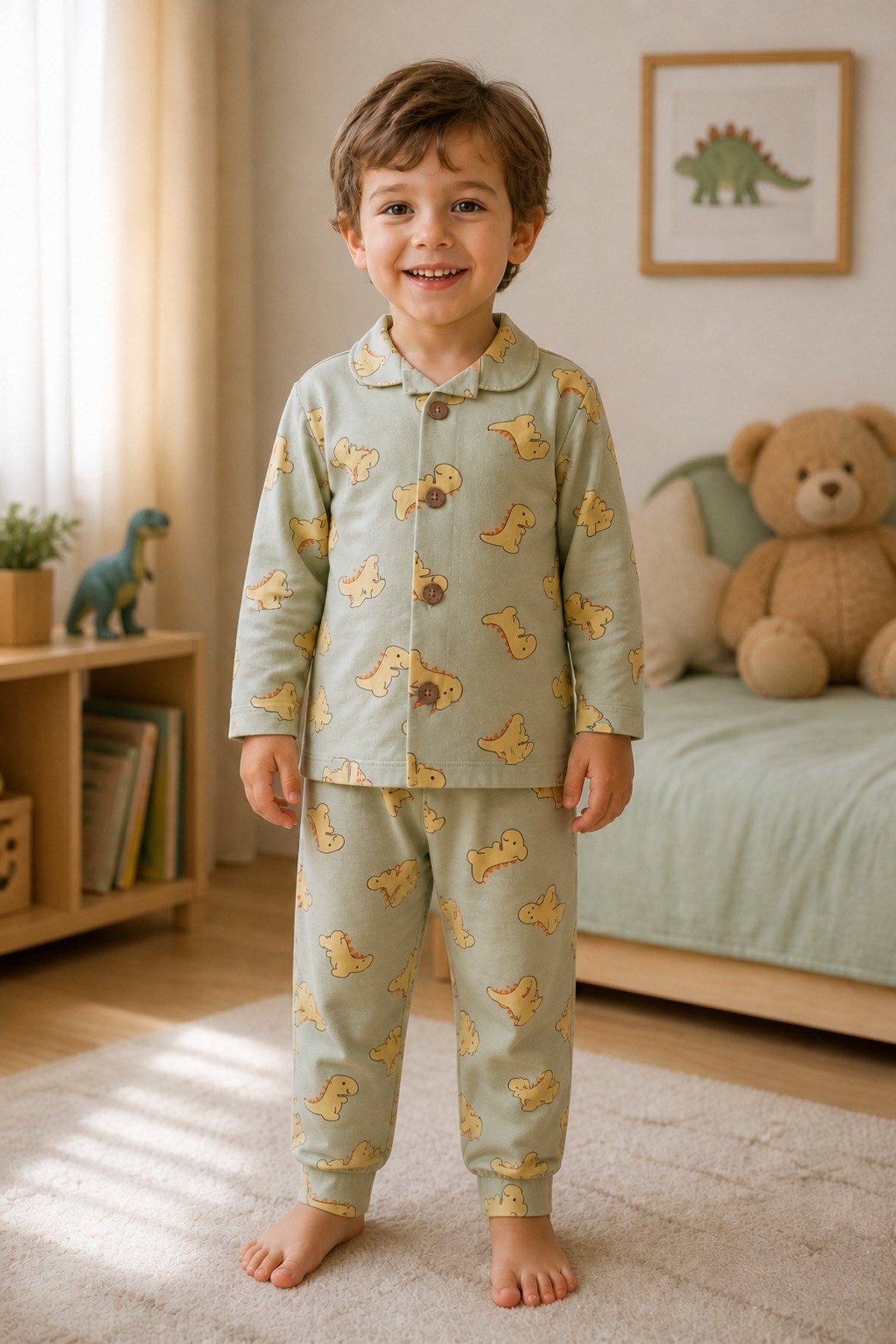  Erkek çocuk dinazor basklı gömlek yaka düğmeli pijama takımı