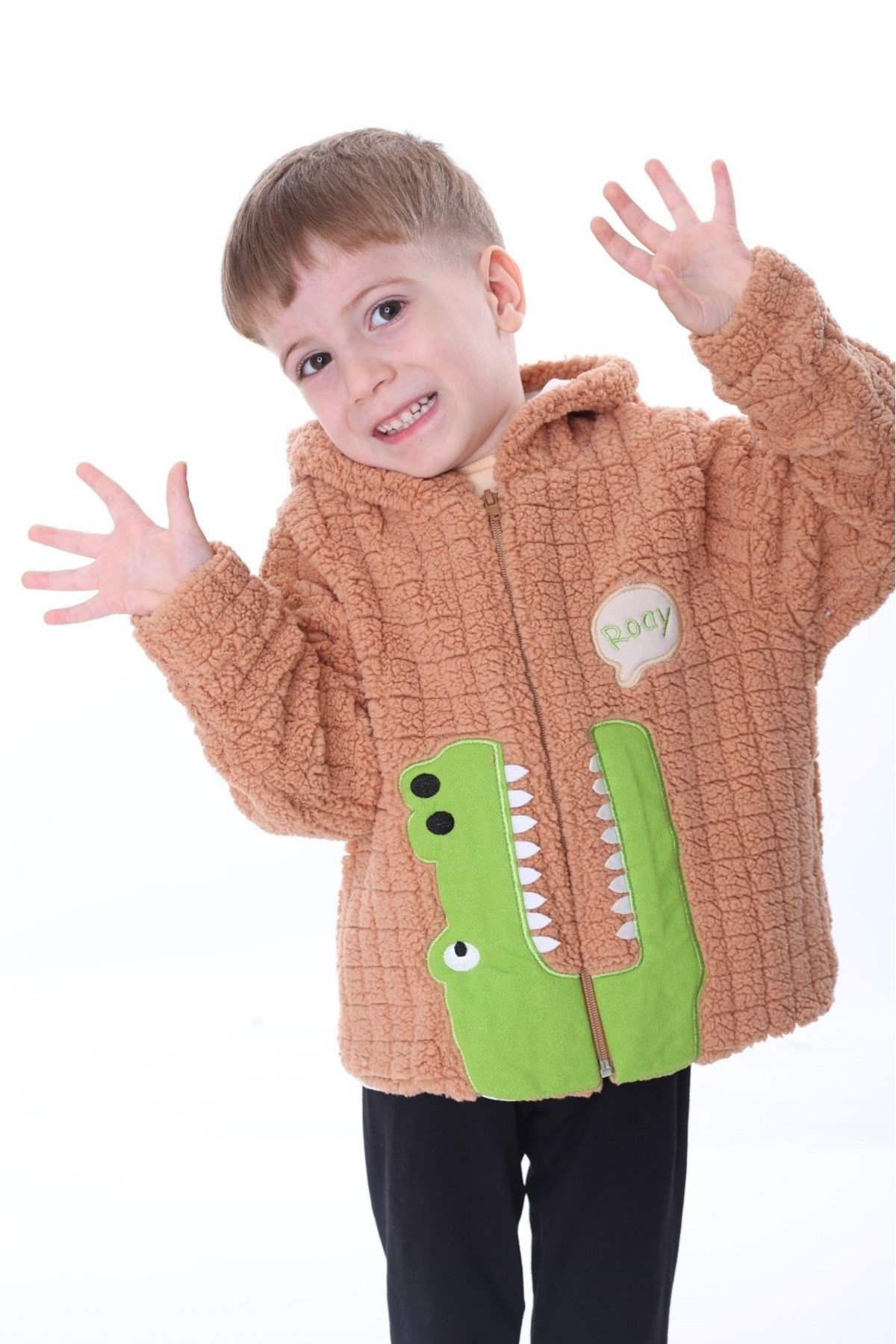 1-5 Yaş Kahverengi Peluş Desenli Unisex Çocuk Hırka - Kareli, Fermuarlı Ve Iç Astarlı