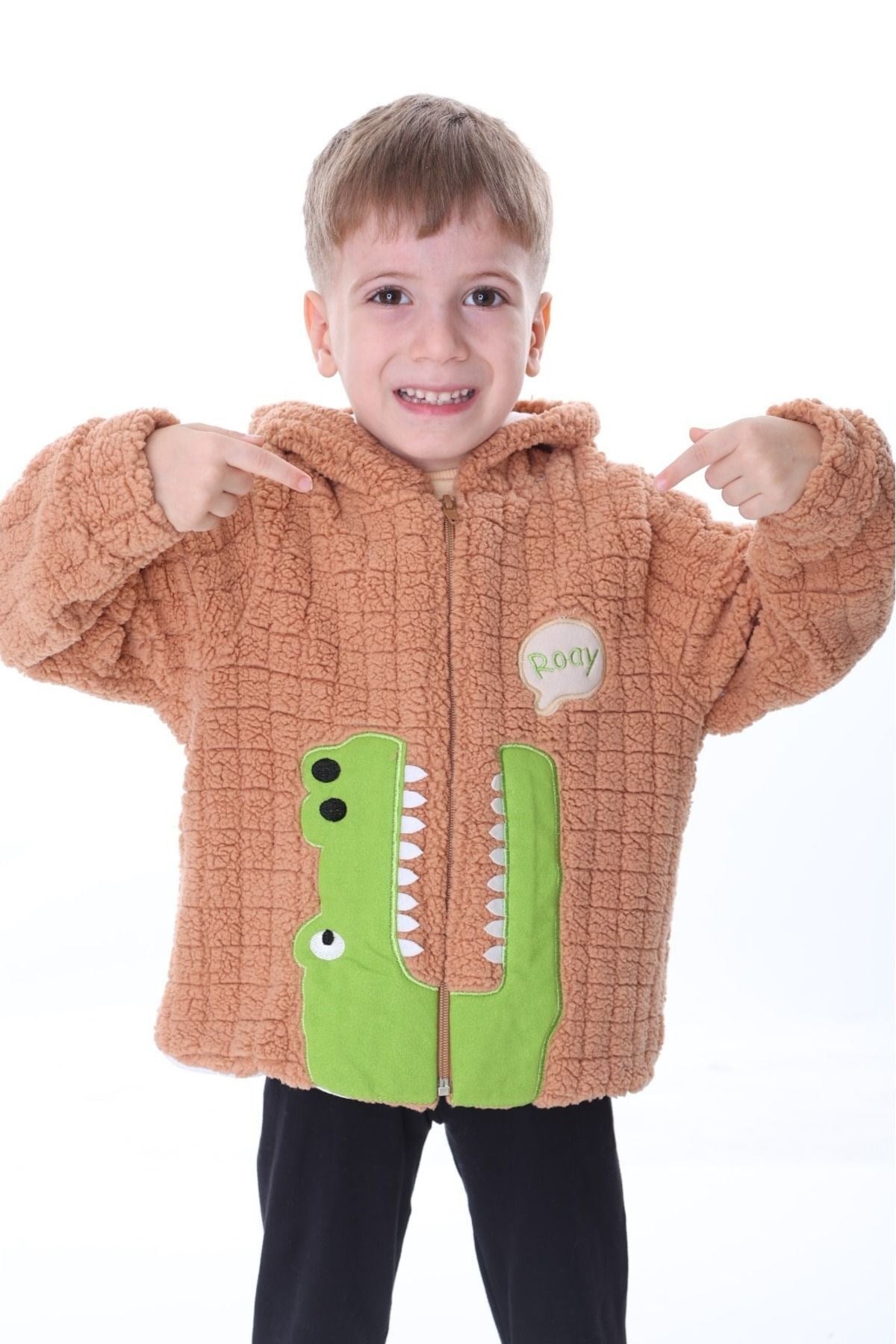 1-5 Yaş Kahverengi Peluş Desenli Unisex Çocuk Hırka - Kareli, Fermuarlı Ve Iç Astarlı