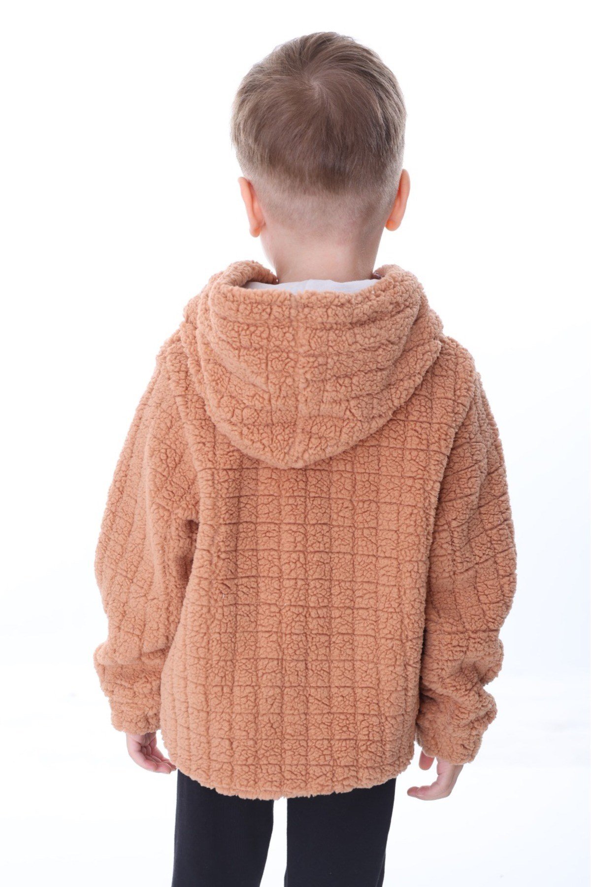 1-5 Yaş Kahverengi Peluş Desenli Unisex Çocuk Hırka - Kareli, Fermuarlı Ve Iç Astarlı