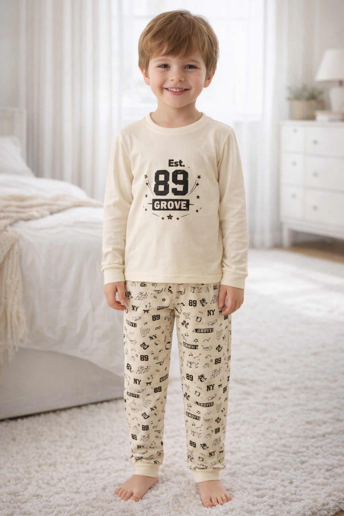 %100 pamuk çocuk uzun kollu ince pijama takımı