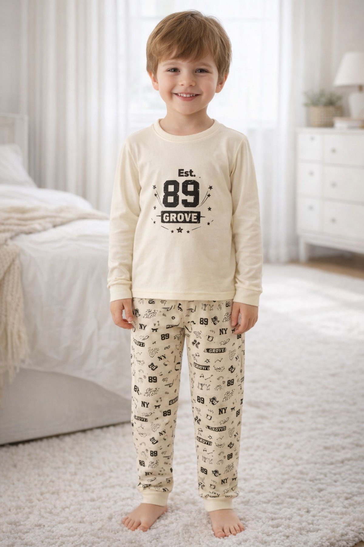 %100 pamuk çocuk uzun kollu ince pijama takımı