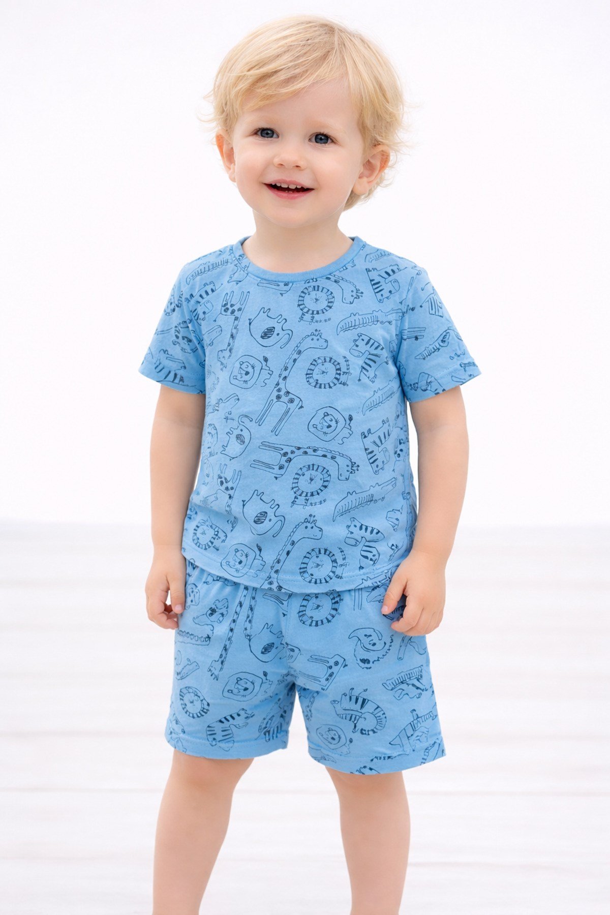erkek çocuk mavi saferi baskılı yazlık pijama takımı