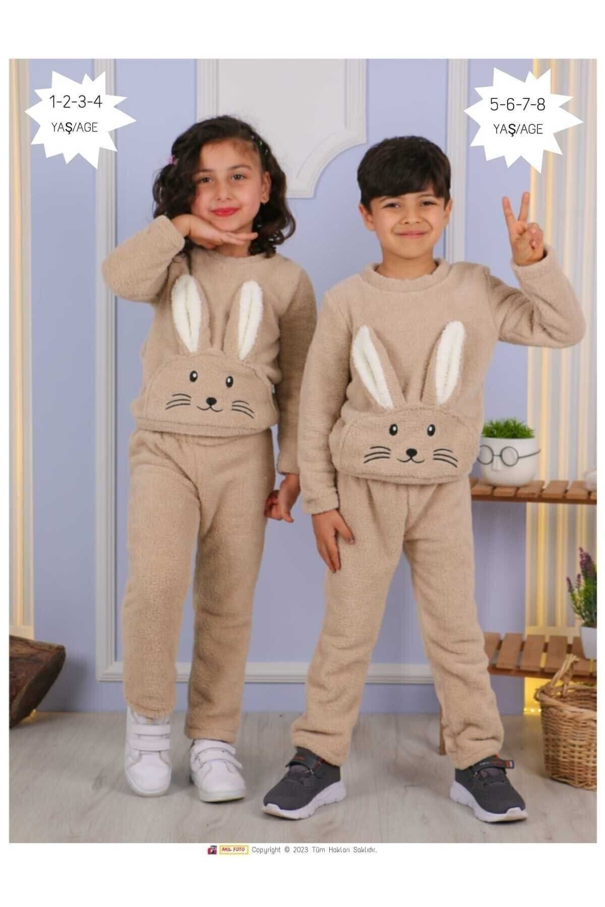 Kahverengi Tavşan Desenli Peluş Çocuk Alt-üst Takım
