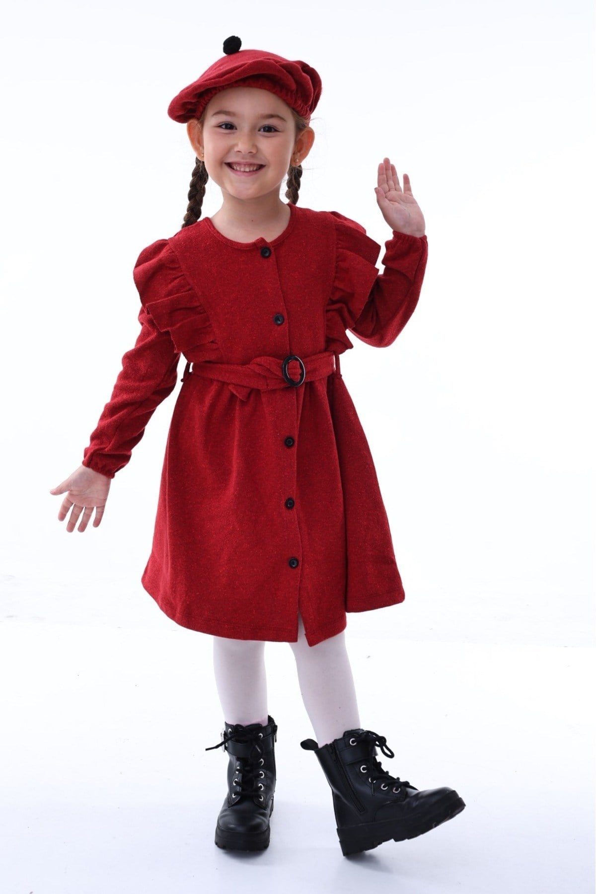Kırçıllı Kırmızı Kız Çocuk Elbisesi (3-8 YAŞ) -şapkalı, Kemerli, Bahar Ve Bayramlık Özel Tasarım