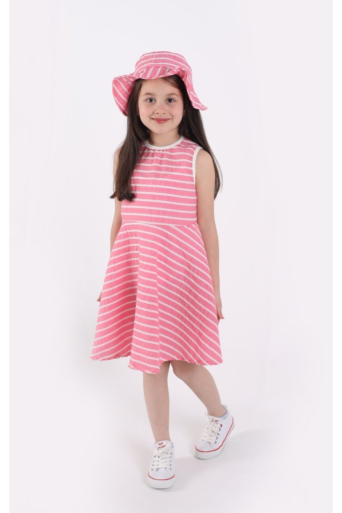 Kız Çocuk Çizgili Yazlık Elbise Ve Şapka Takımı - 2'li Set (4-12 YAŞ, PEMBE, MAVİ, BEJ, BORDO)