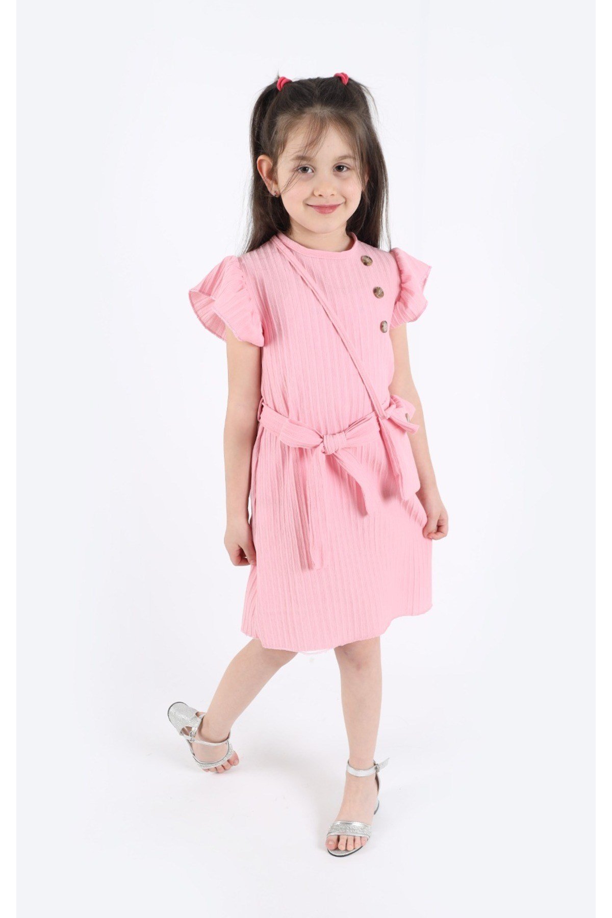 Kız Çocuk Pembe Fırfırlı Elbise Ve Çanta Seti