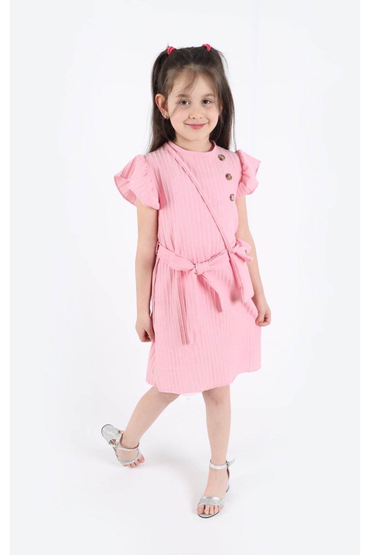 Kız Çocuk Pembe Fırfırlı Elbise Ve Çanta Seti