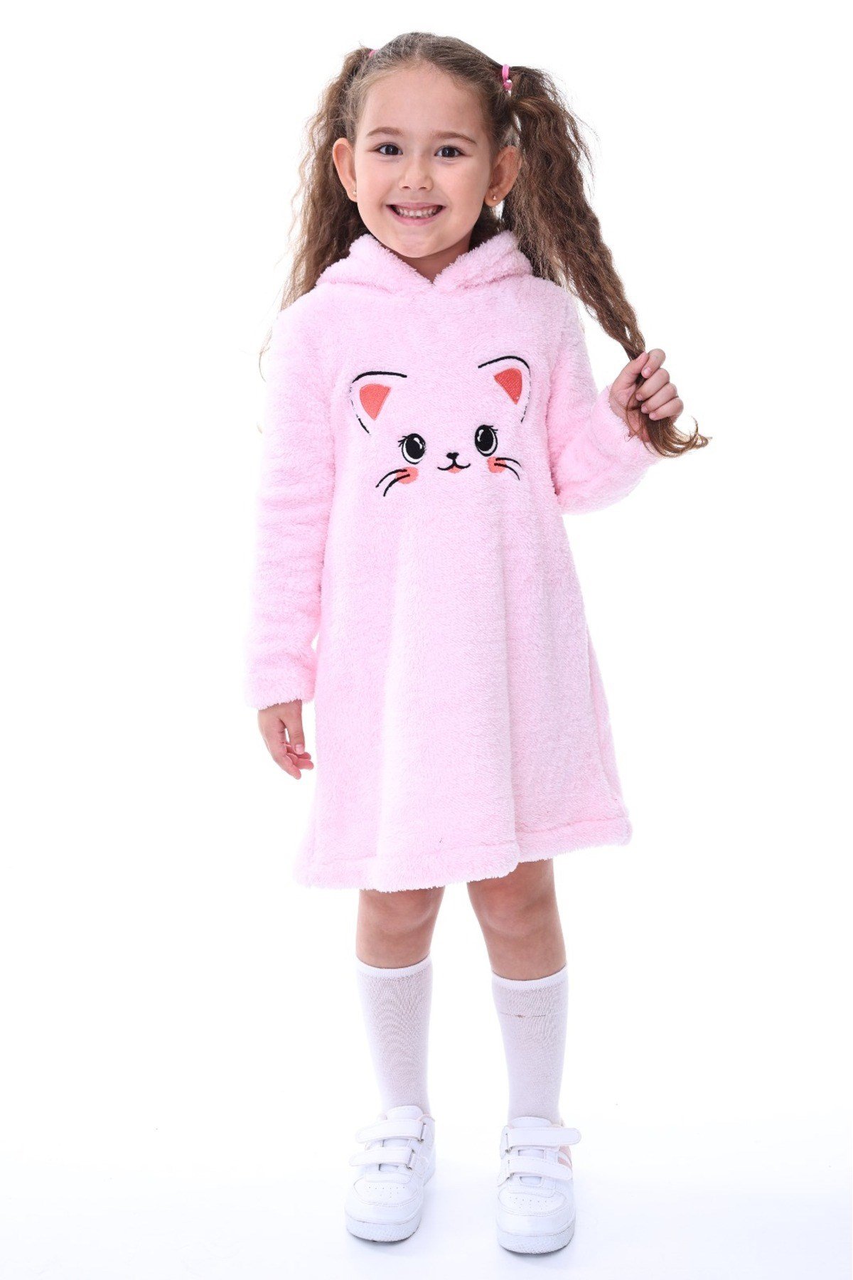 Kız Çocuk Pembe Kapşonlu Peluş Elbise