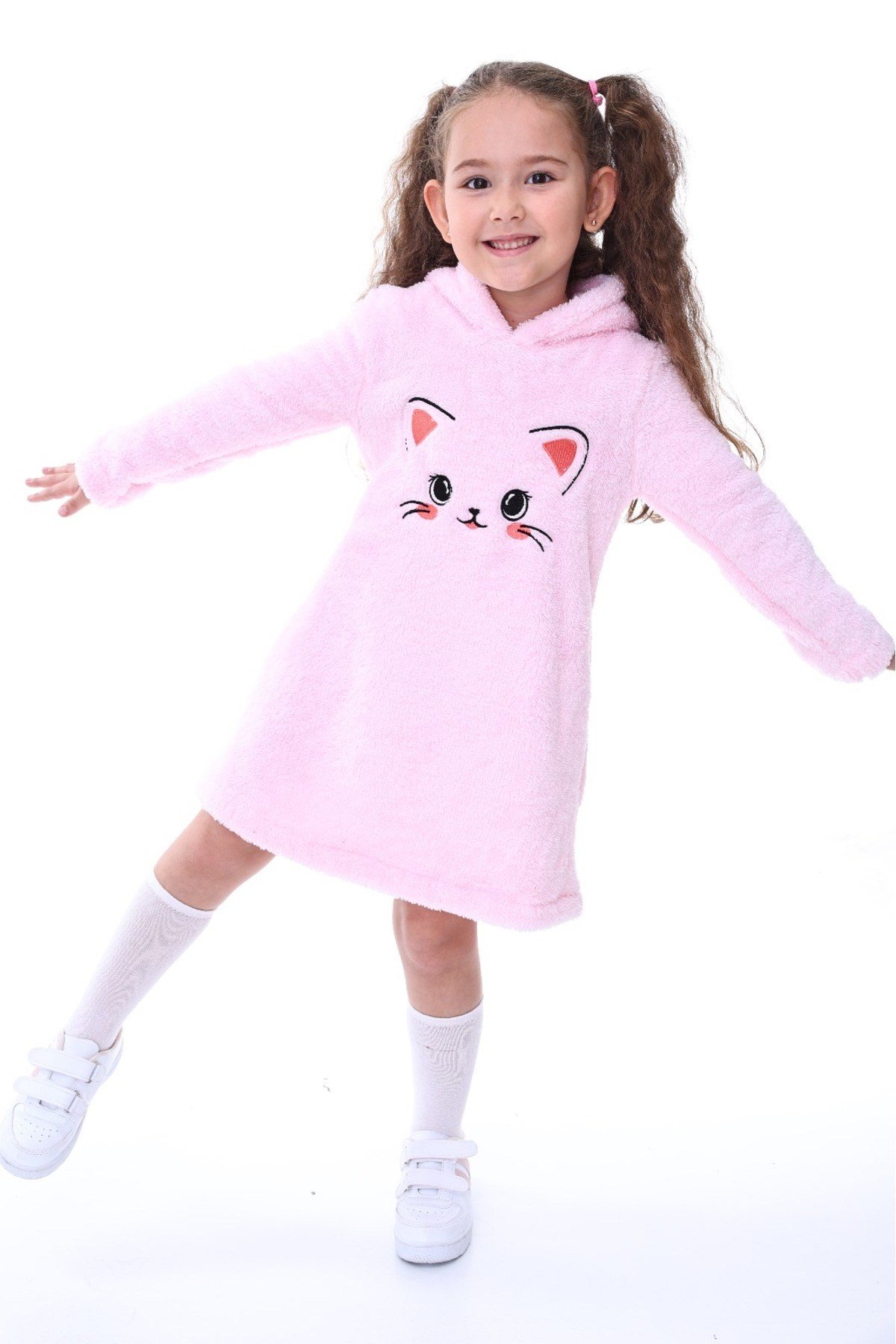 Kız Çocuk Pembe Kapşonlu Peluş Elbise