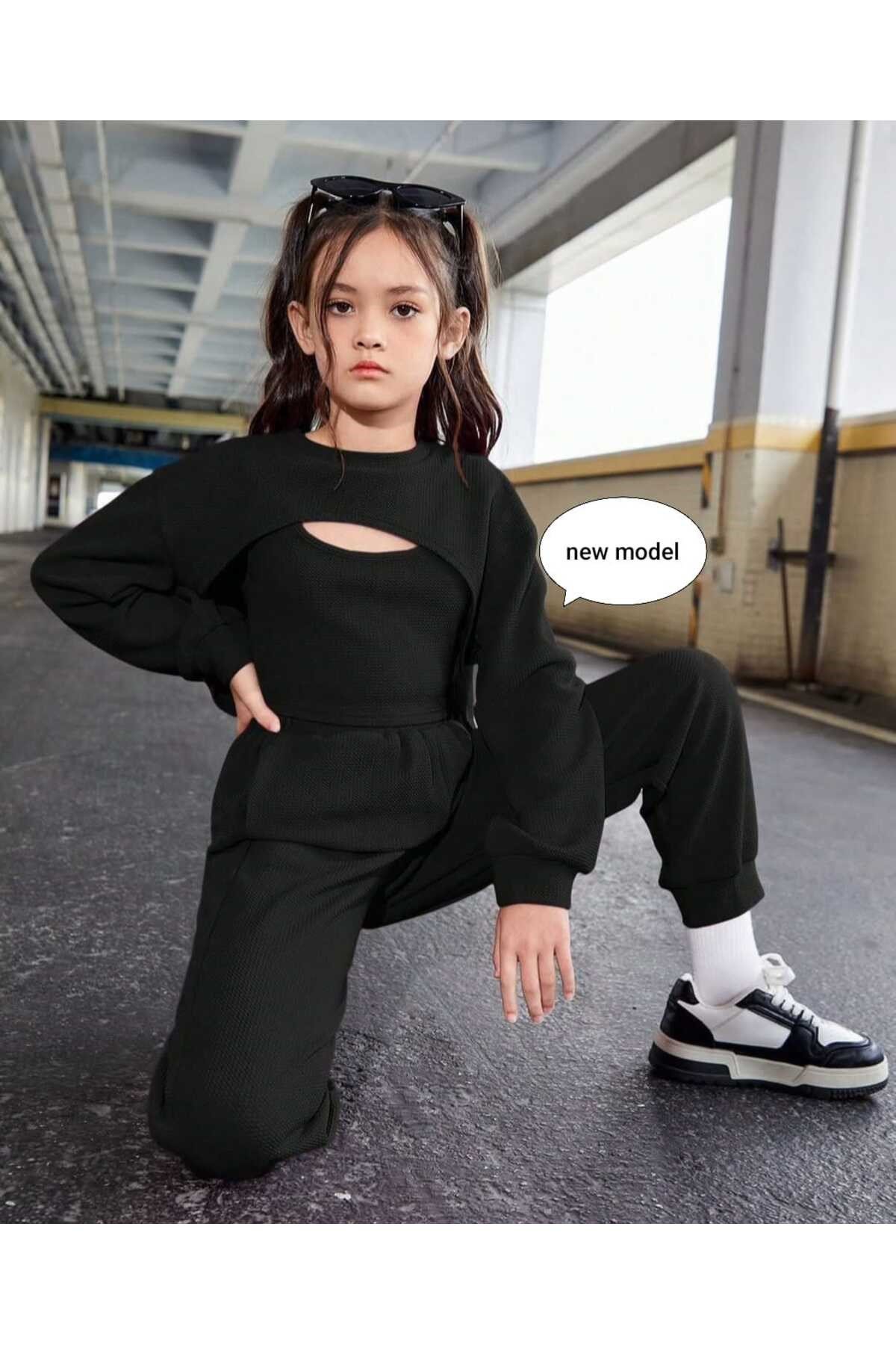 Kız Çocuk Siyah Waffle Örme 3 Parça Alt Üst Takım - Uzun Kollu Crop ve Boru Paça Jogger