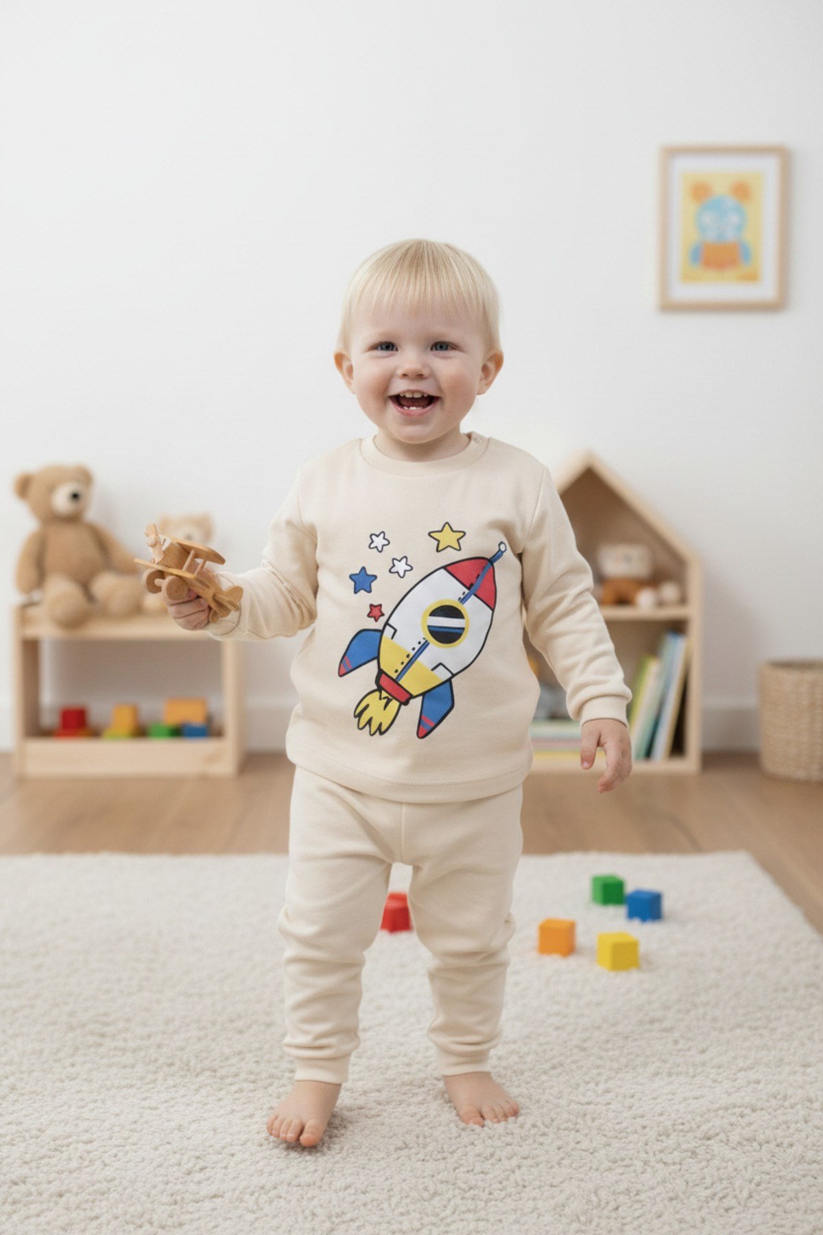 Mevsimlik Pamuklu Kumaş çocuk pijama takımı Bej rengi