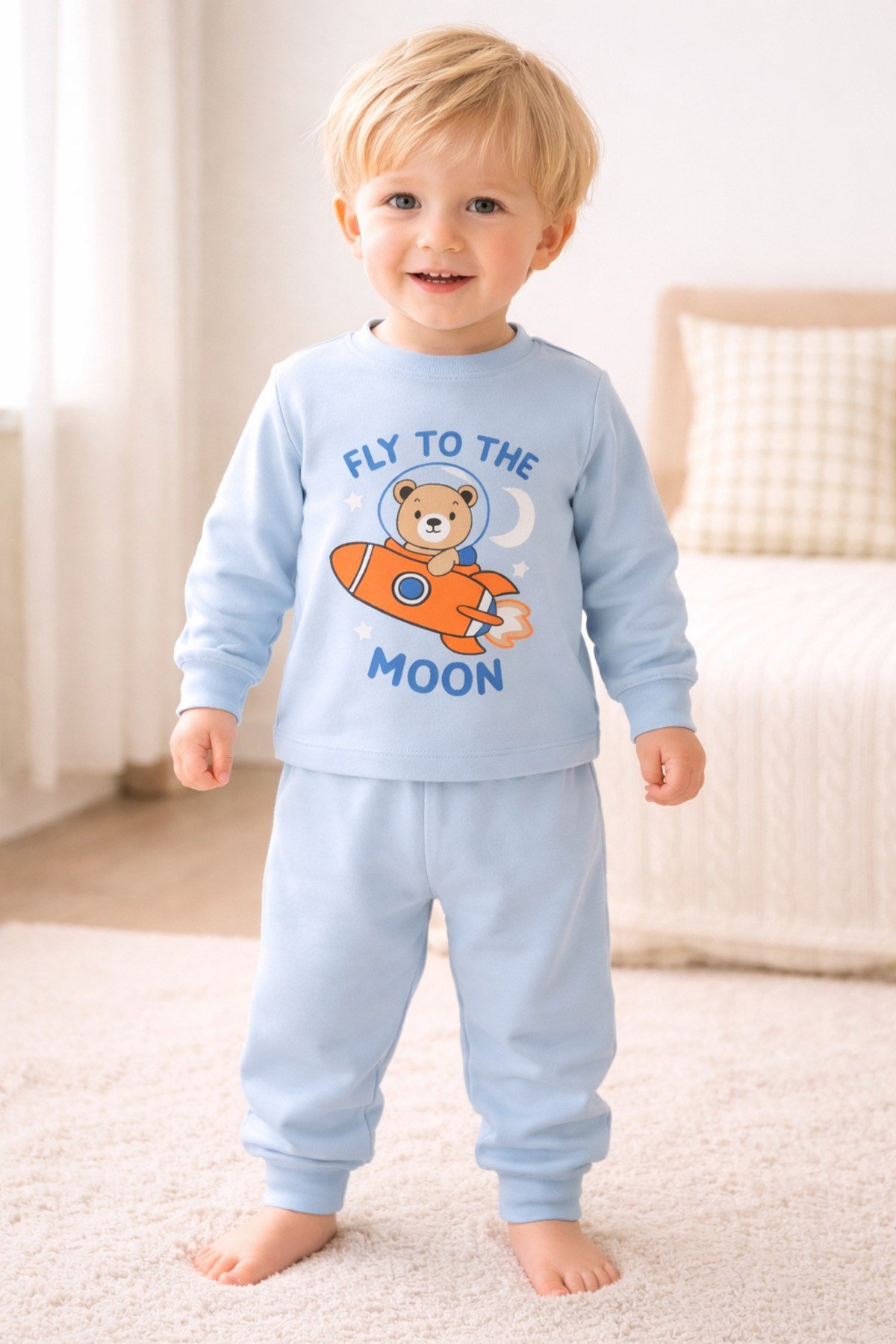Mevsimlik Pamuklu Kumaş Karikatürlü Çocuk Pijama Takımı