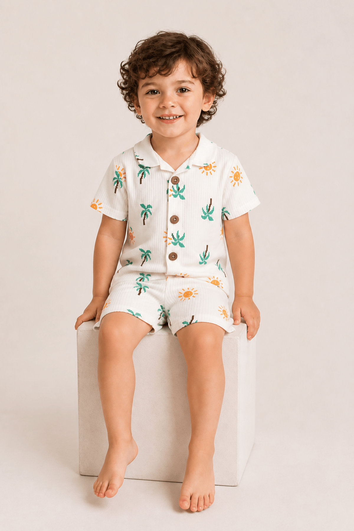 palmiye desenli raporlu erkek çocuk şortlu pijama  takımı