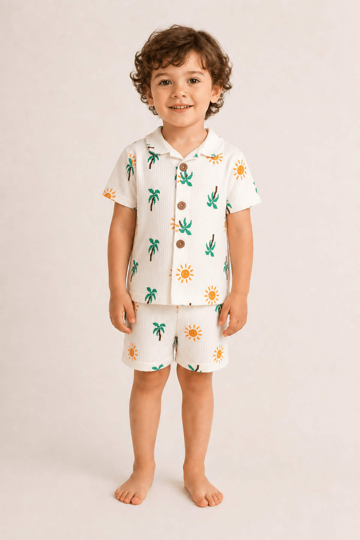 palmiye desenli raporlu erkek çocuk şortlu pijama  takımı