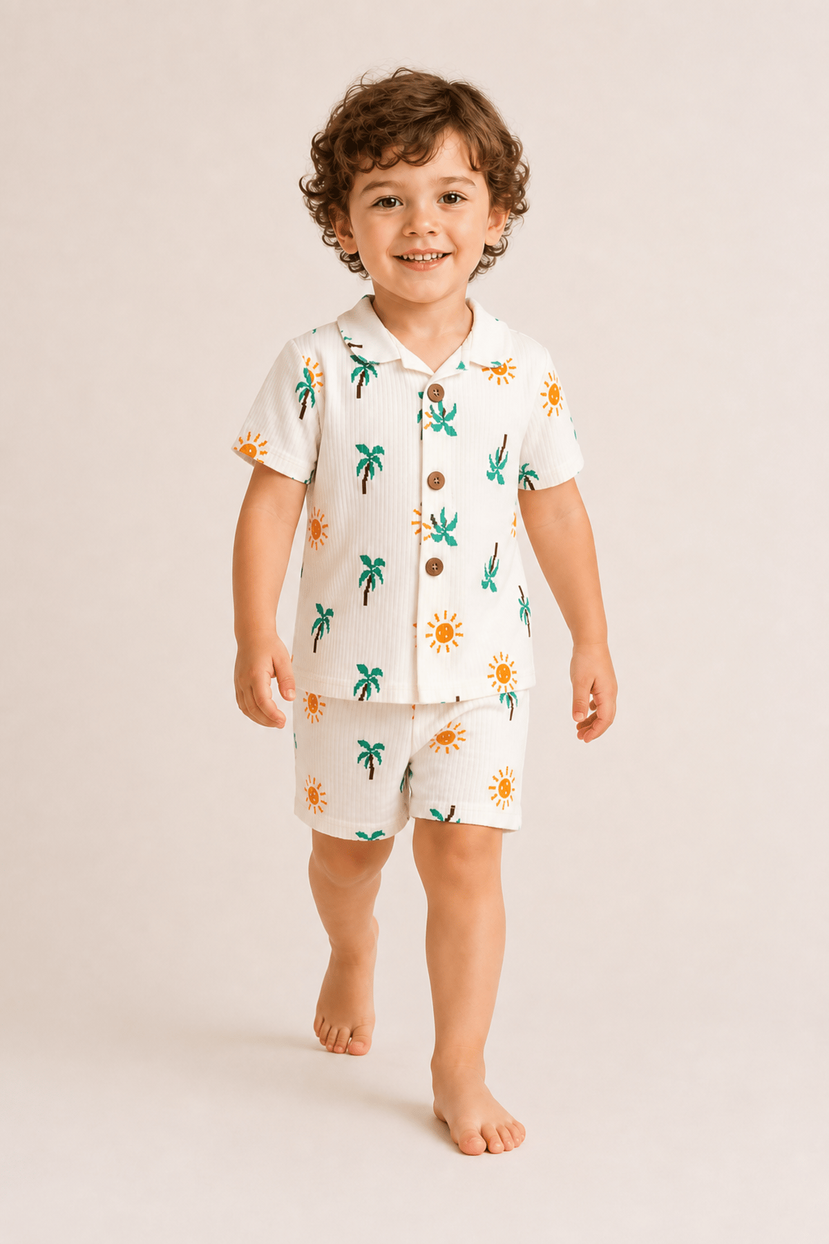 palmiye desenli raporlu erkek çocuk şortlu pijama  takımı