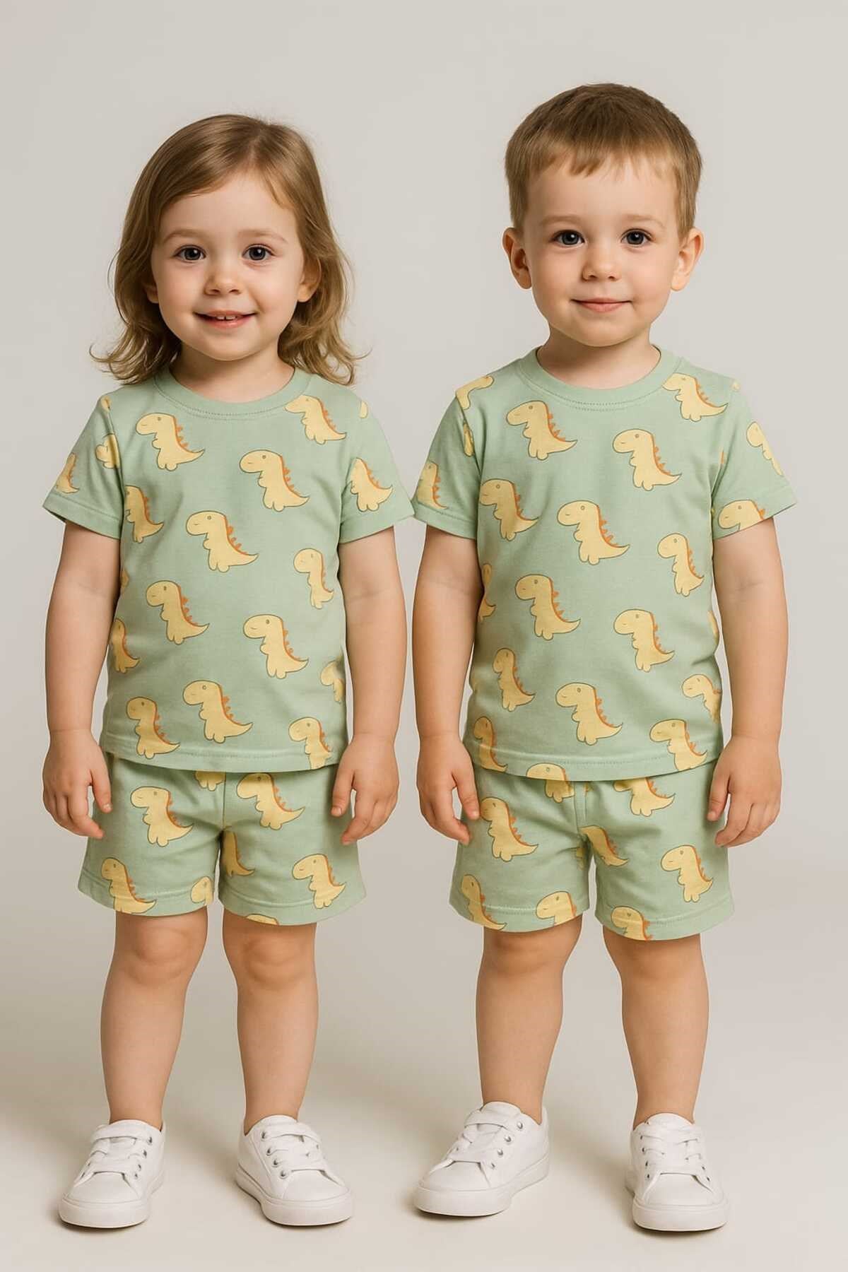 Pamuklu Dinozor Desenli Geniş Yaka Yazlık Pijama Takımı (0-5 YAŞ) – Unisex / Kız-erkek Çocuk Için