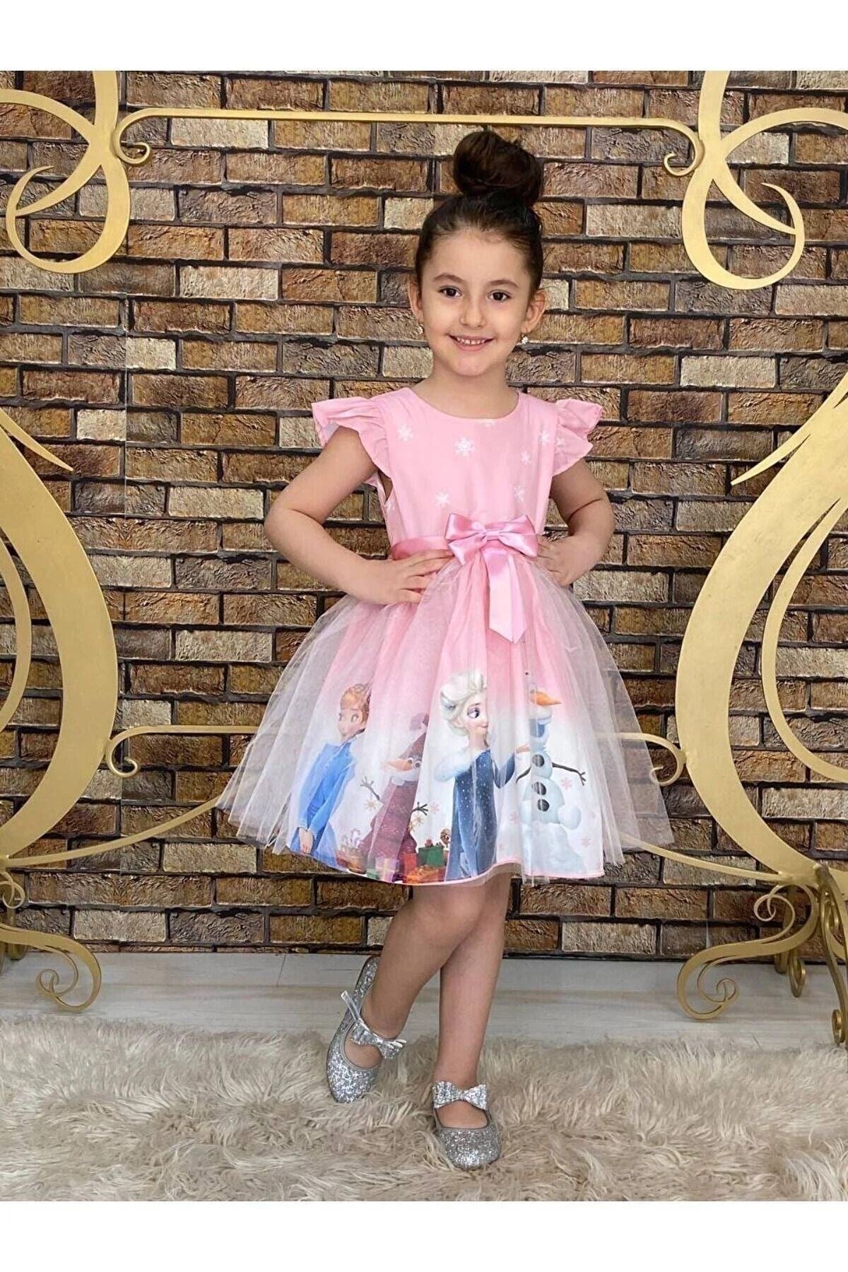 Pembe Elsa Prenses Kostümü Artı Asa Seti - Frozen Temalı Doğum Günü Ve Parti Elbisesi Çocuklar İçin